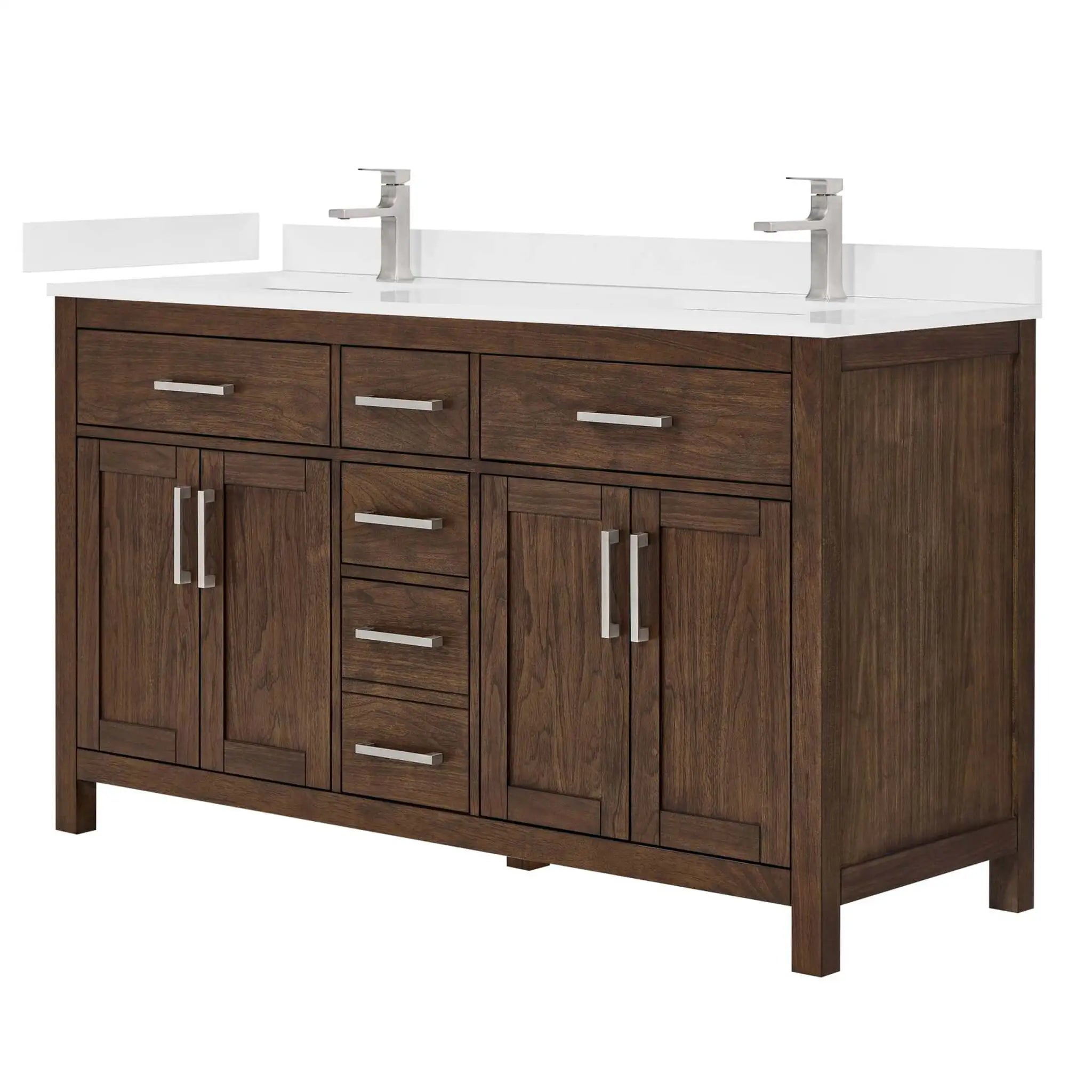 60" Beckett Double Bathroom Vanity in Dark Walnut with Brushed Nickel Trim by Wyndham