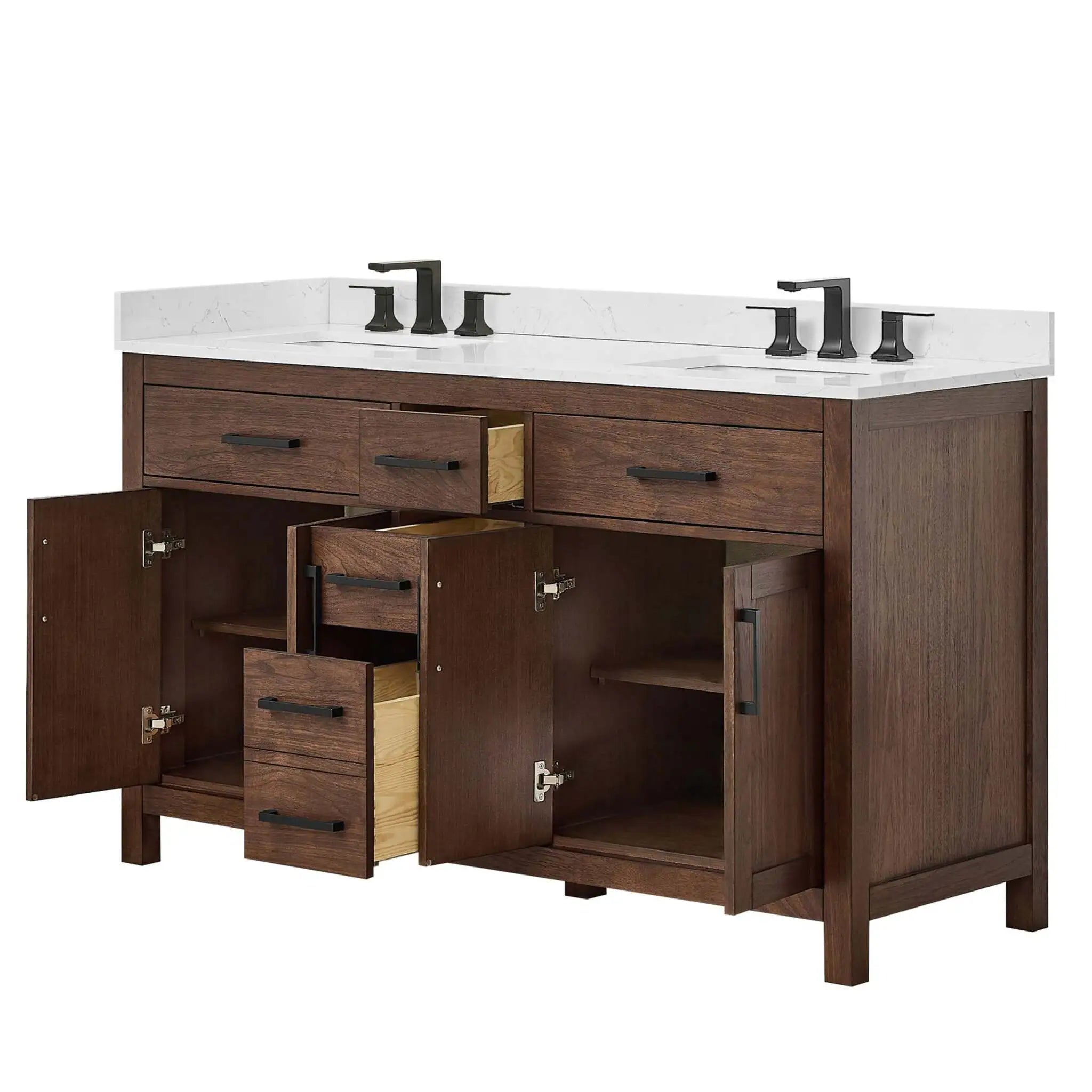 60" Beckett Double Bathroom Vanity in Dark Walnut with Matte Black Trim by Wyndham