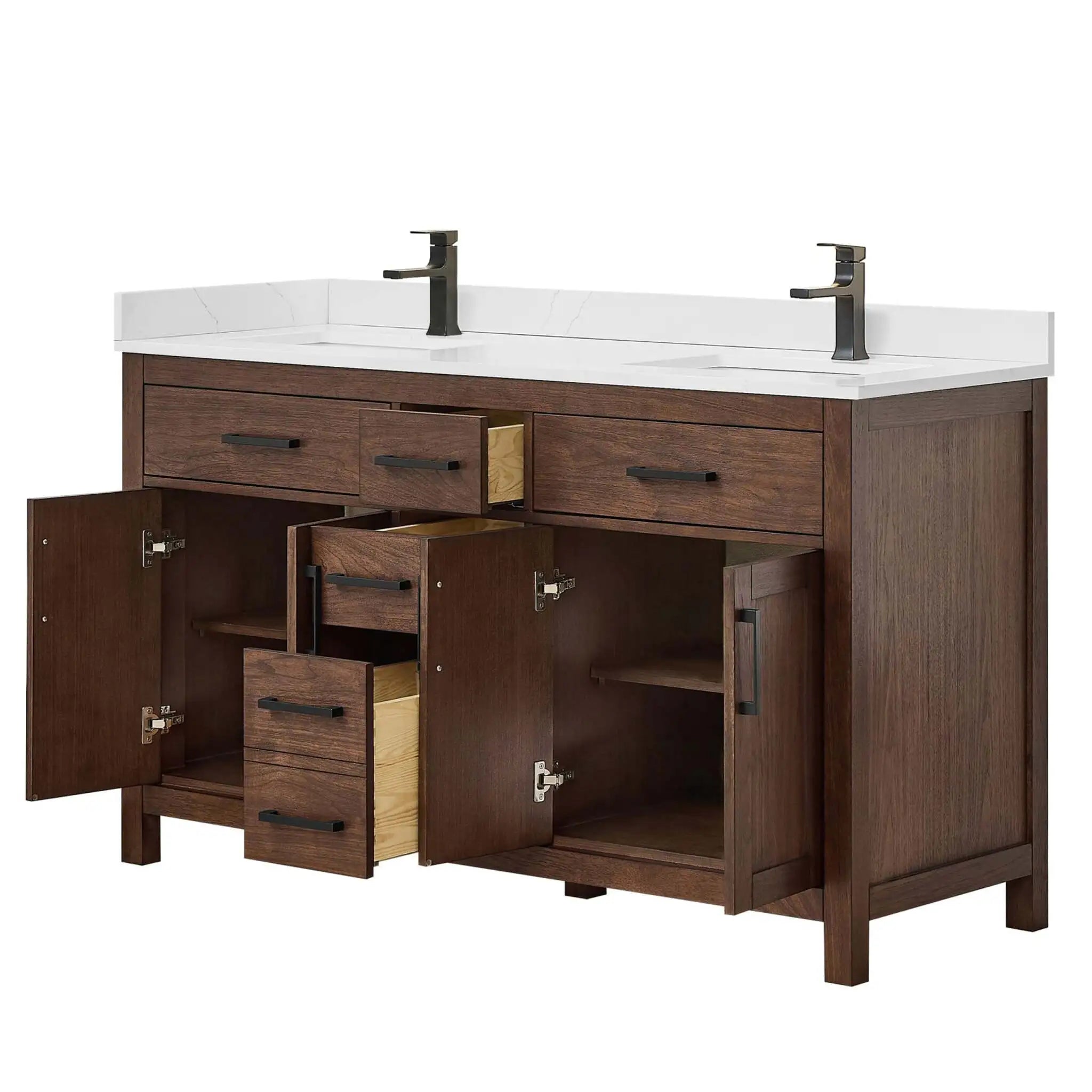 60" Beckett Double Bathroom Vanity in Dark Walnut with Matte Black Trim by Wyndham