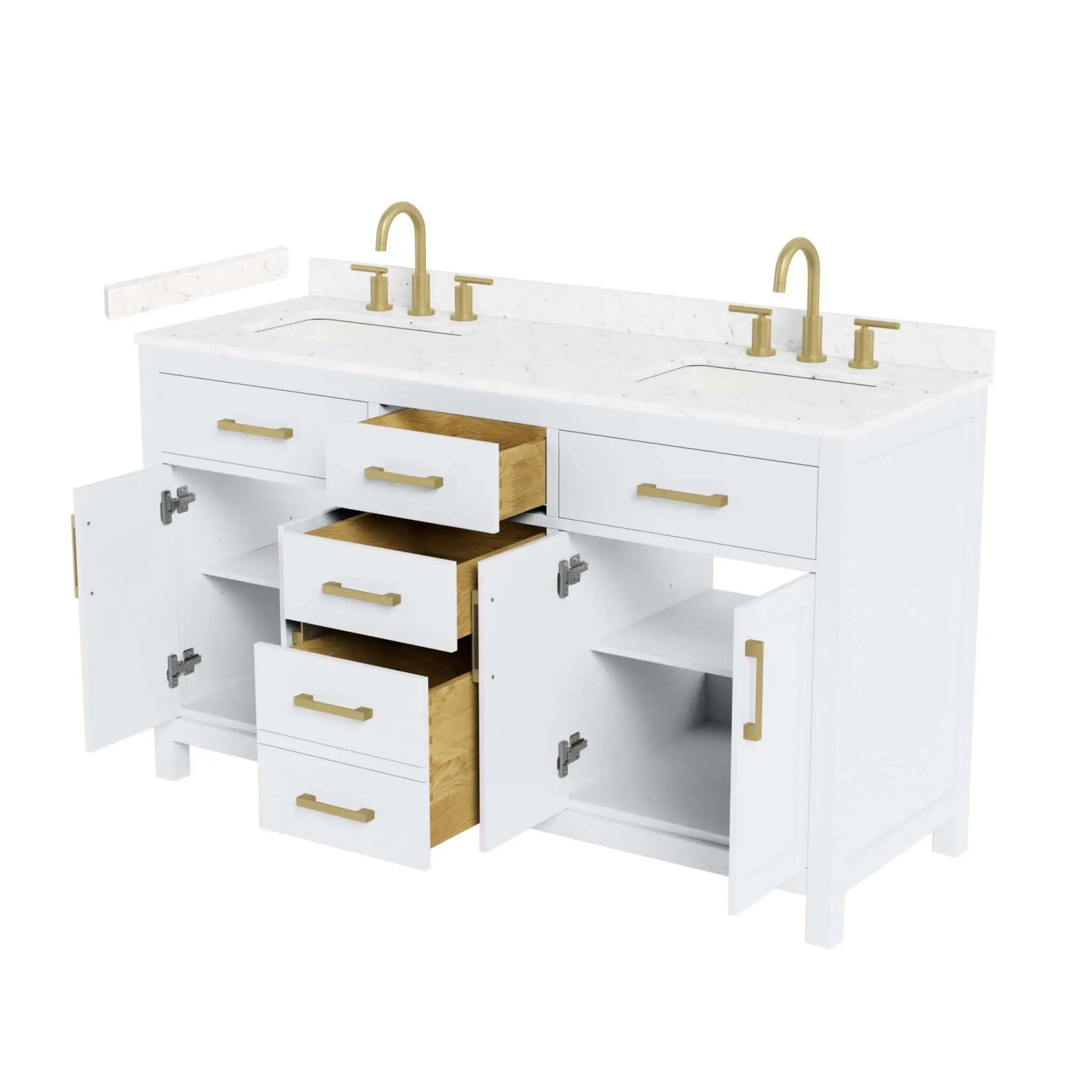 60" Beckett Double Bathroom Vanity in White with Brushed Gold Trim by Wyndham