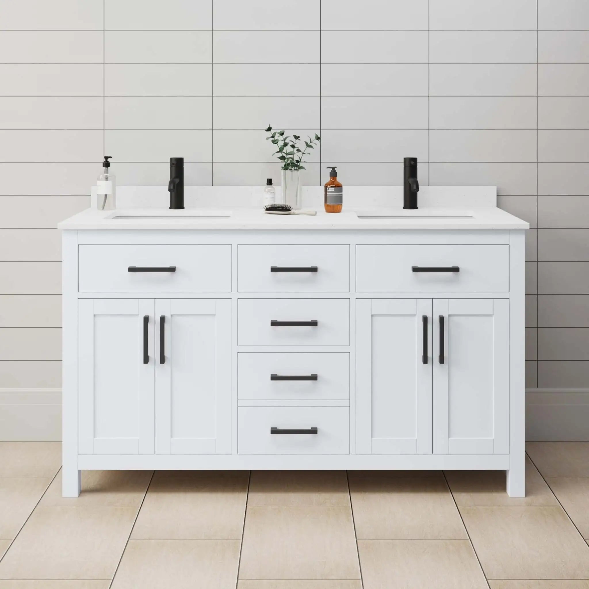 60" Beckett Double Bathroom Vanity in White with Matte Black Trim by Wyndham