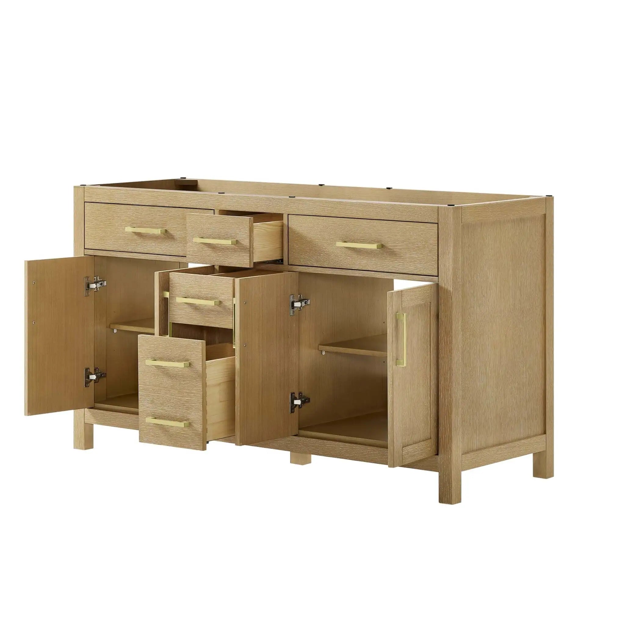 60" Beckett Double Bathroom Vanity in Whitewashed Oak with Brushed Gold Trim by Wyndham