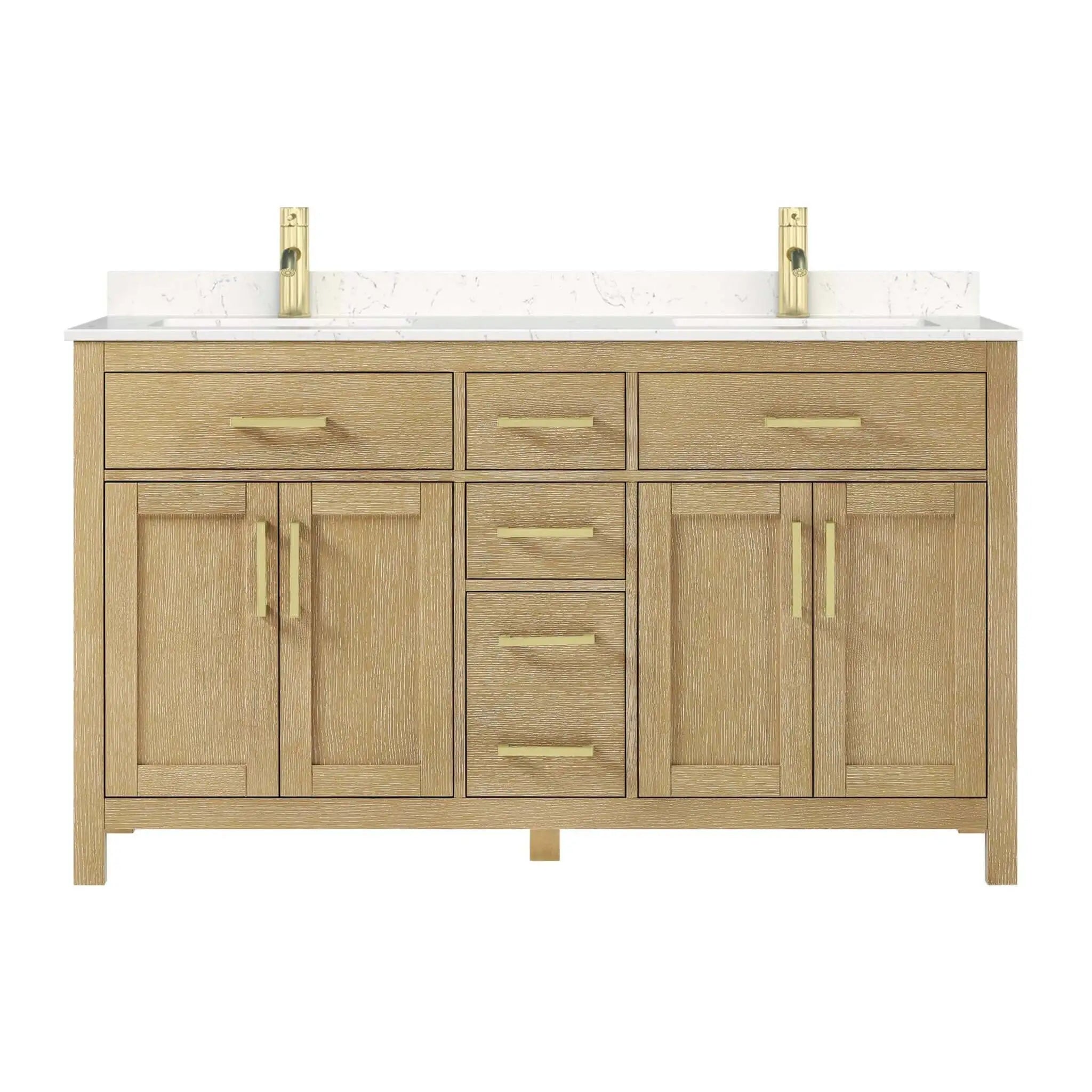 60" Beckett Double Bathroom Vanity in Whitewashed Oak with Brushed Gold Trim by Wyndham