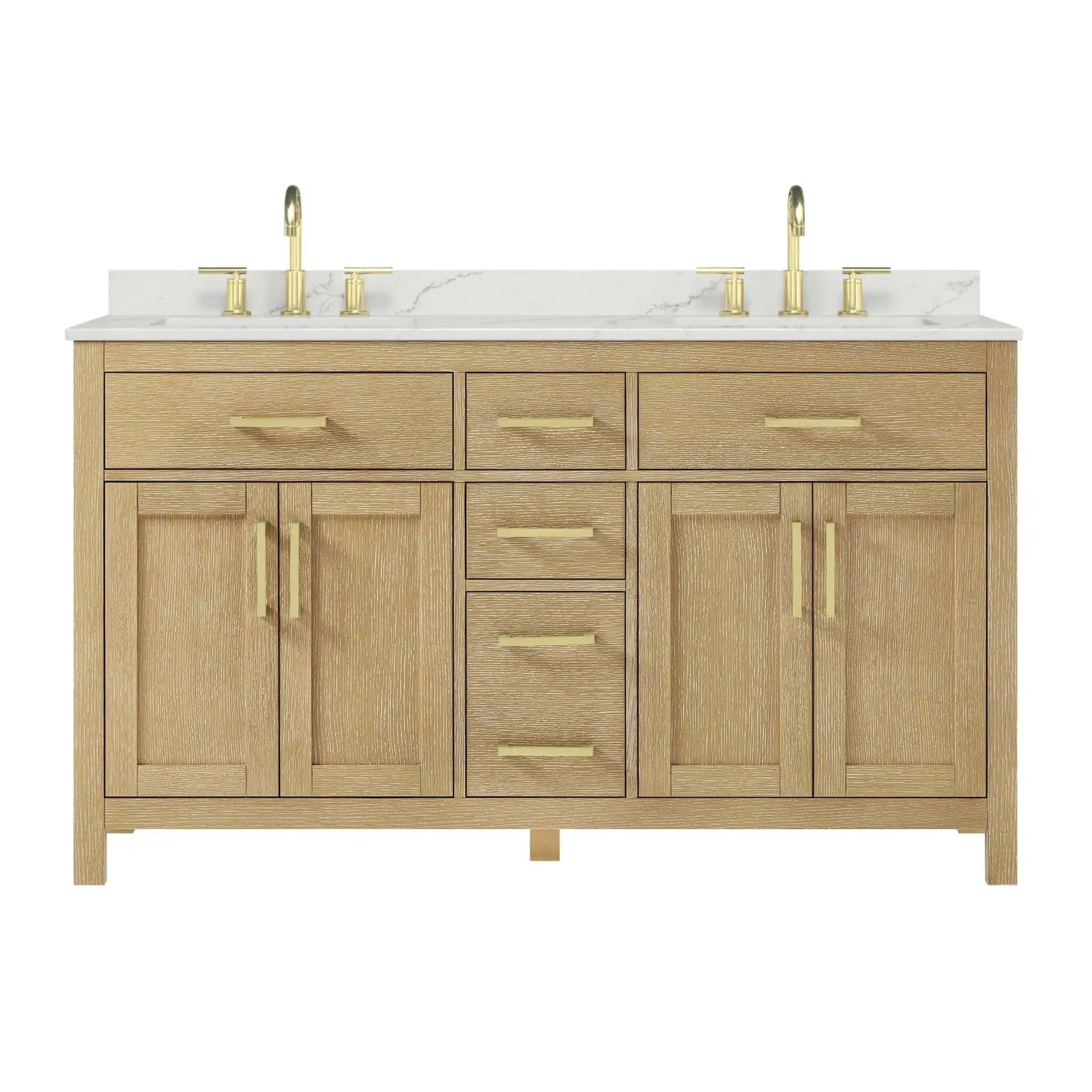 60" Beckett Double Bathroom Vanity in Whitewashed Oak with Brushed Gold Trim by Wyndham