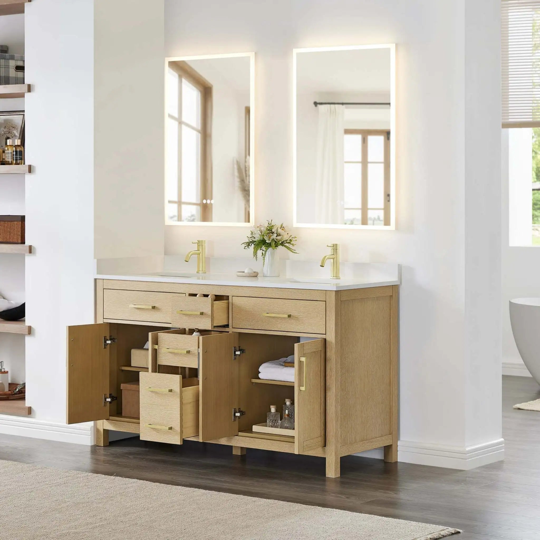 60" Beckett Double Bathroom Vanity in Whitewashed Oak with Brushed Gold Trim by Wyndham