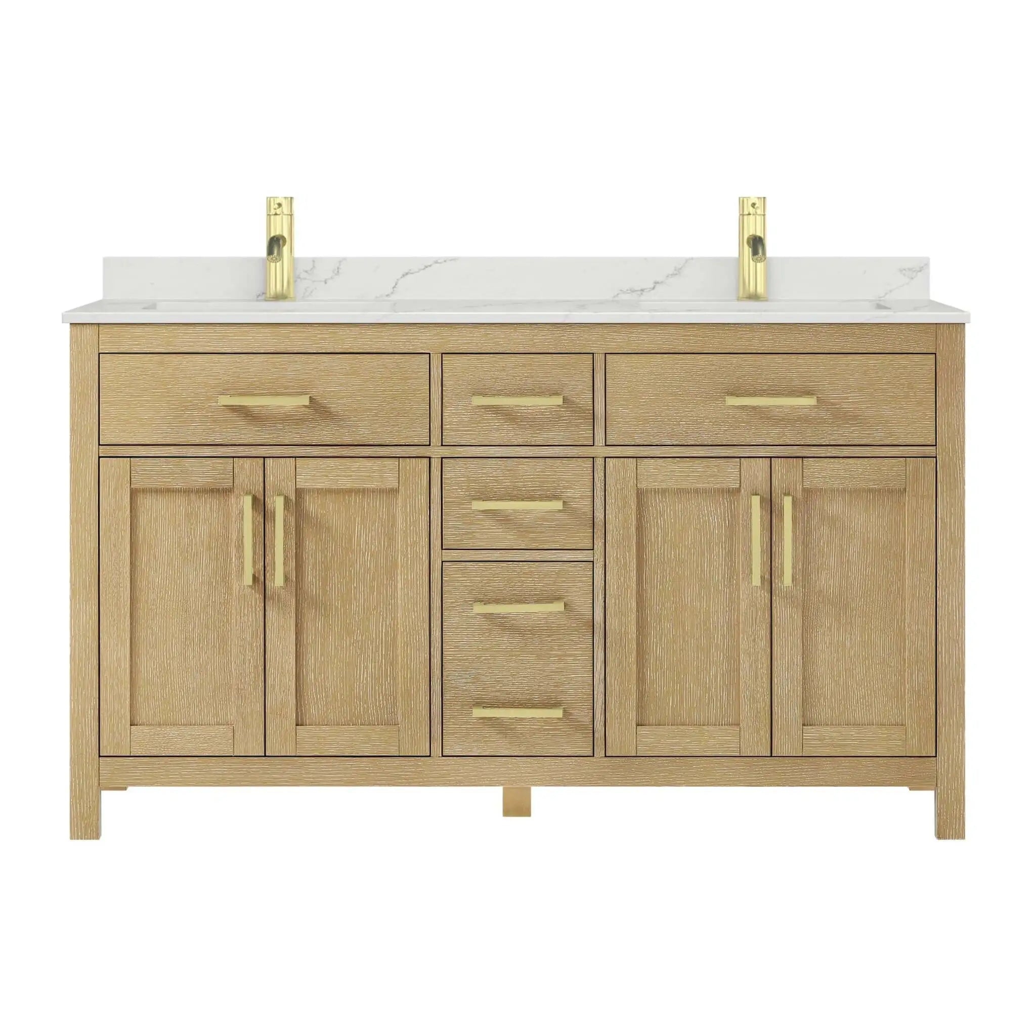 60" Beckett Double Bathroom Vanity in Whitewashed Oak with Brushed Gold Trim by Wyndham