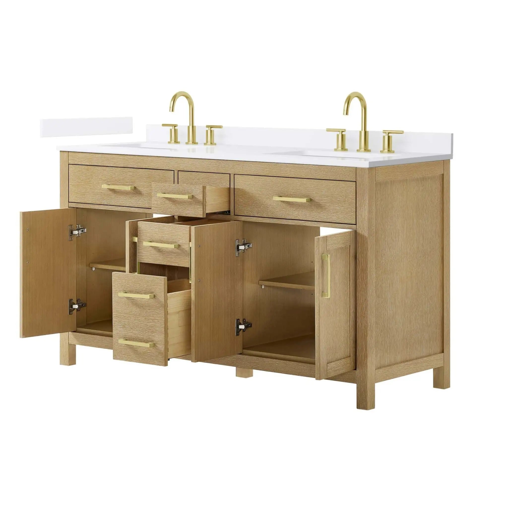 60" Beckett Double Bathroom Vanity in Whitewashed Oak with Brushed Gold Trim by Wyndham