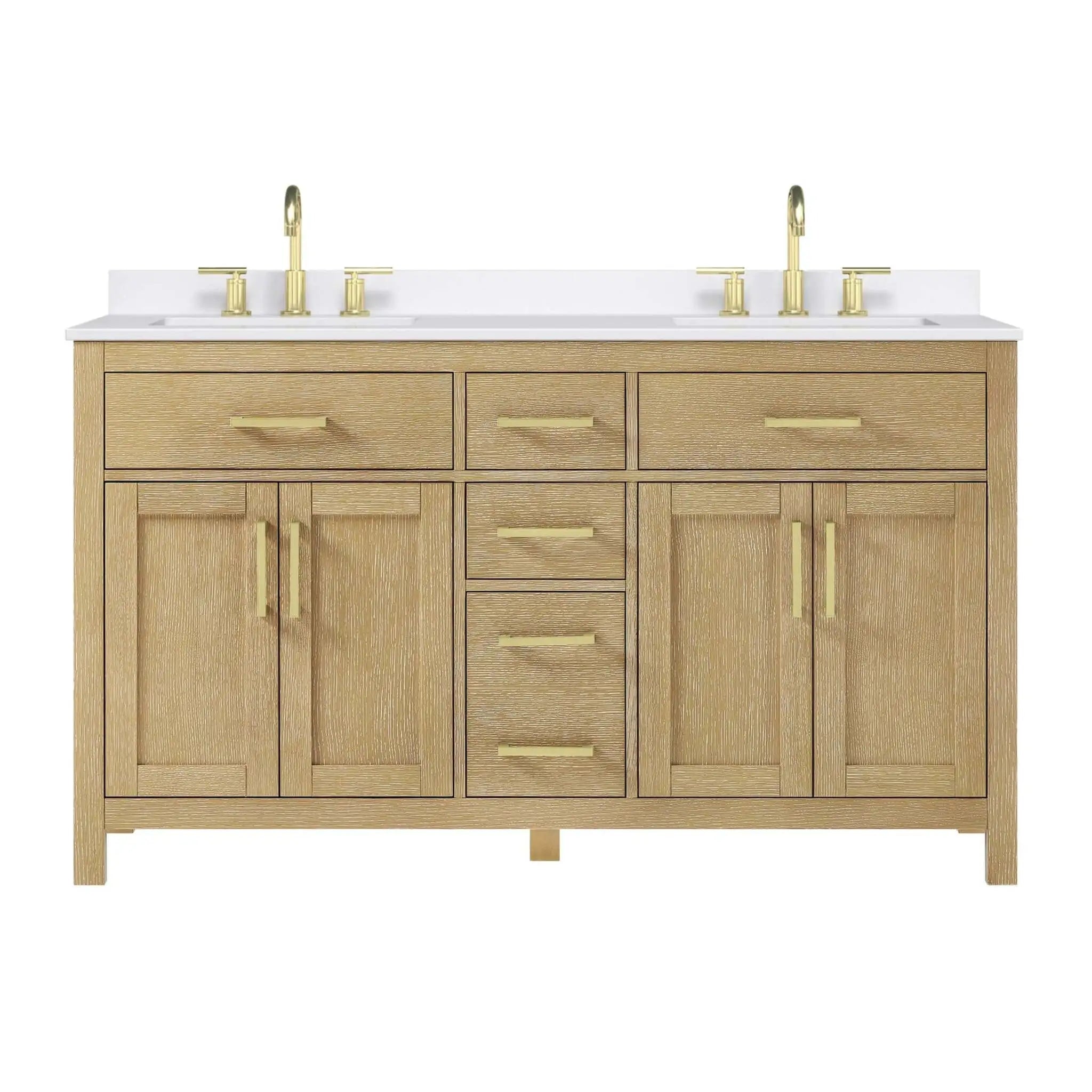 60" Beckett Double Bathroom Vanity in Whitewashed Oak with Brushed Gold Trim by Wyndham