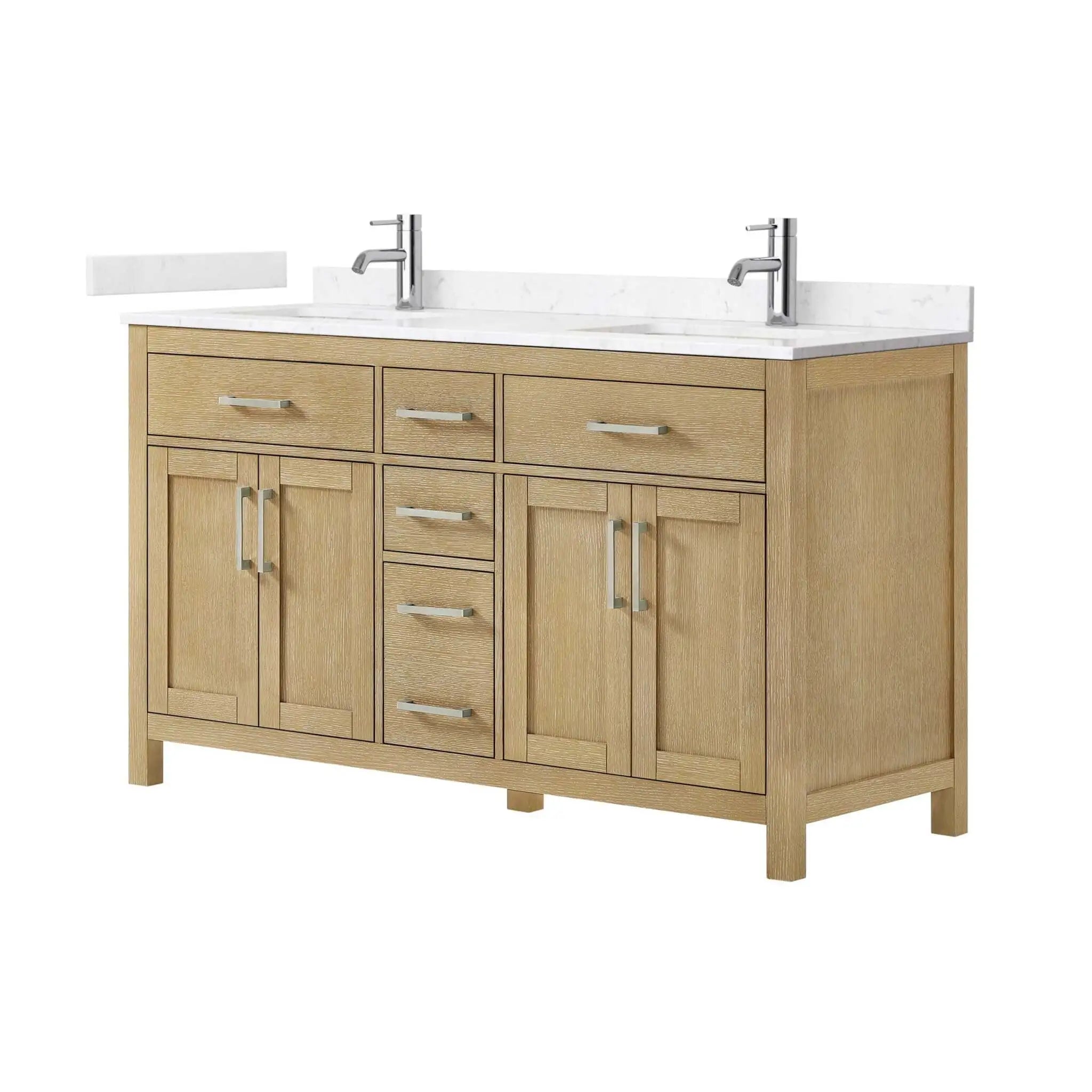 60" Beckett Double Bathroom Vanity in Whitewashed Oak with Brushed Nickel Trim by Wyndham