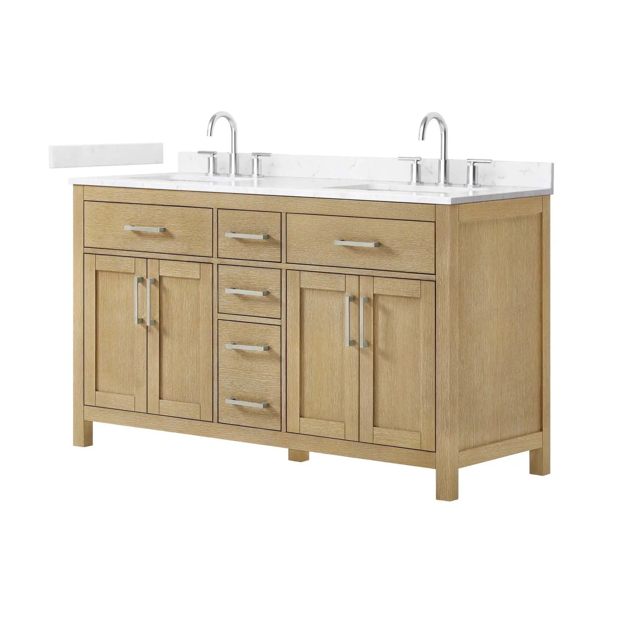 60" Beckett Double Bathroom Vanity in Whitewashed Oak with Brushed Nickel Trim by Wyndham