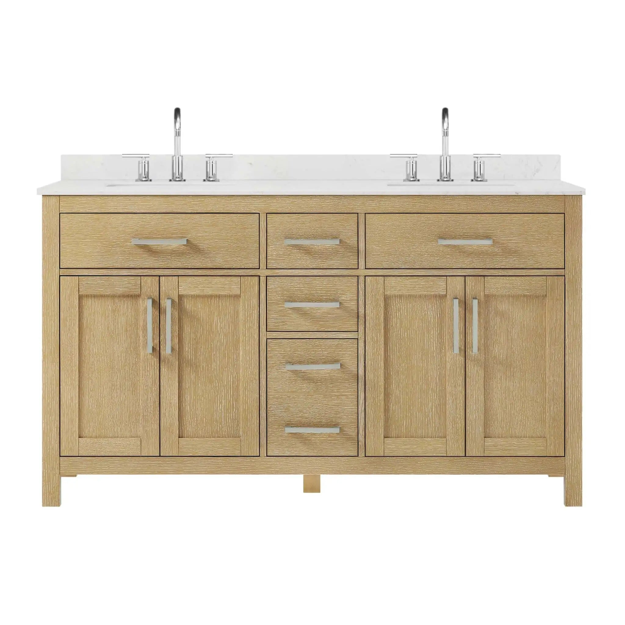 60" Beckett Double Bathroom Vanity in Whitewashed Oak with Brushed Nickel Trim by Wyndham