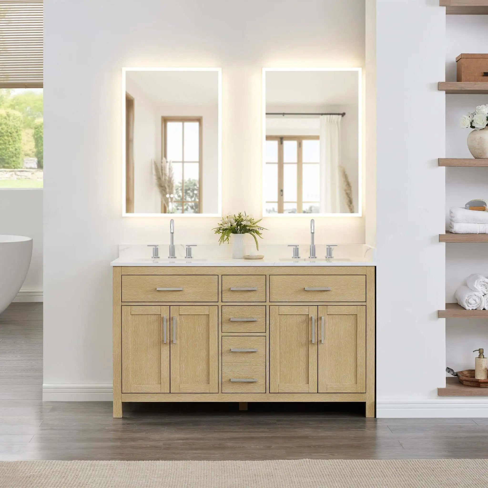 60" Beckett Double Bathroom Vanity in Whitewashed Oak with Brushed Nickel Trim by Wyndham