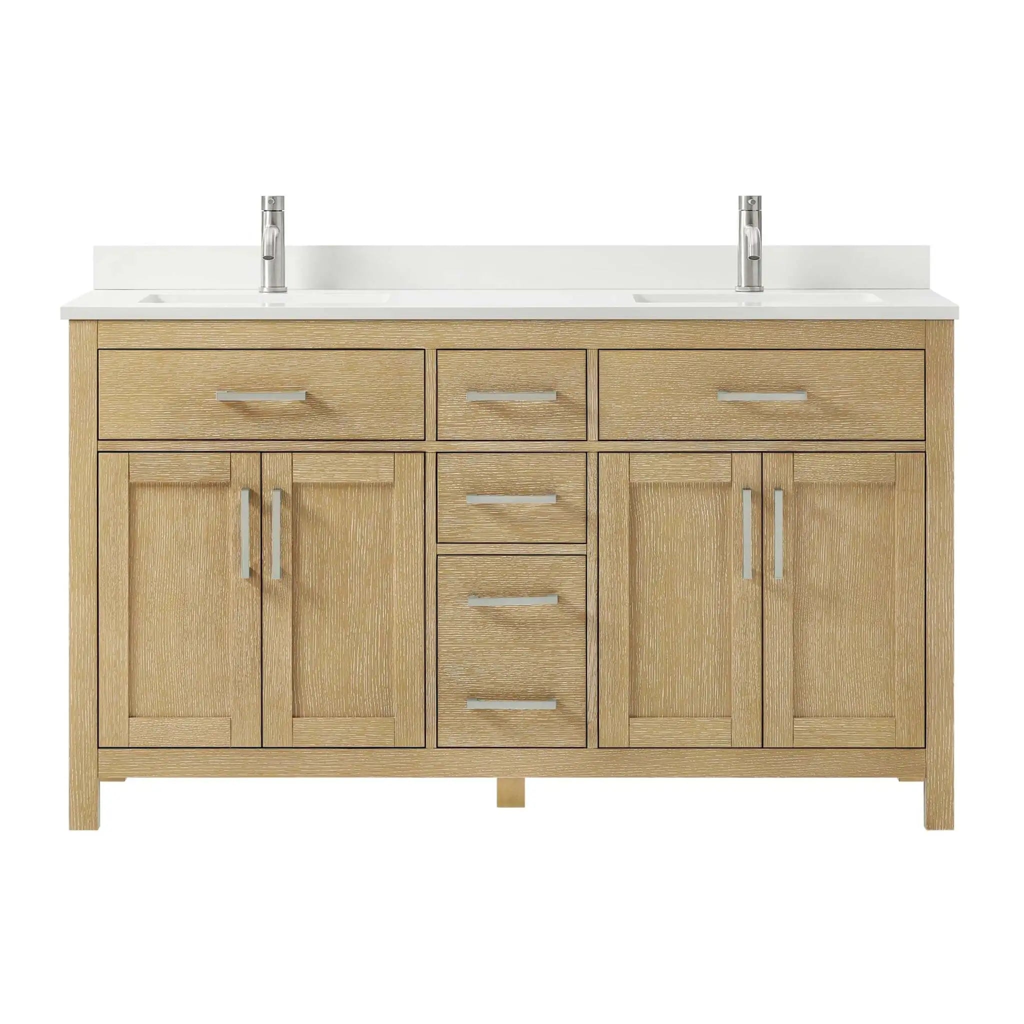 60" Beckett Double Bathroom Vanity in Whitewashed Oak with Brushed Nickel Trim by Wyndham