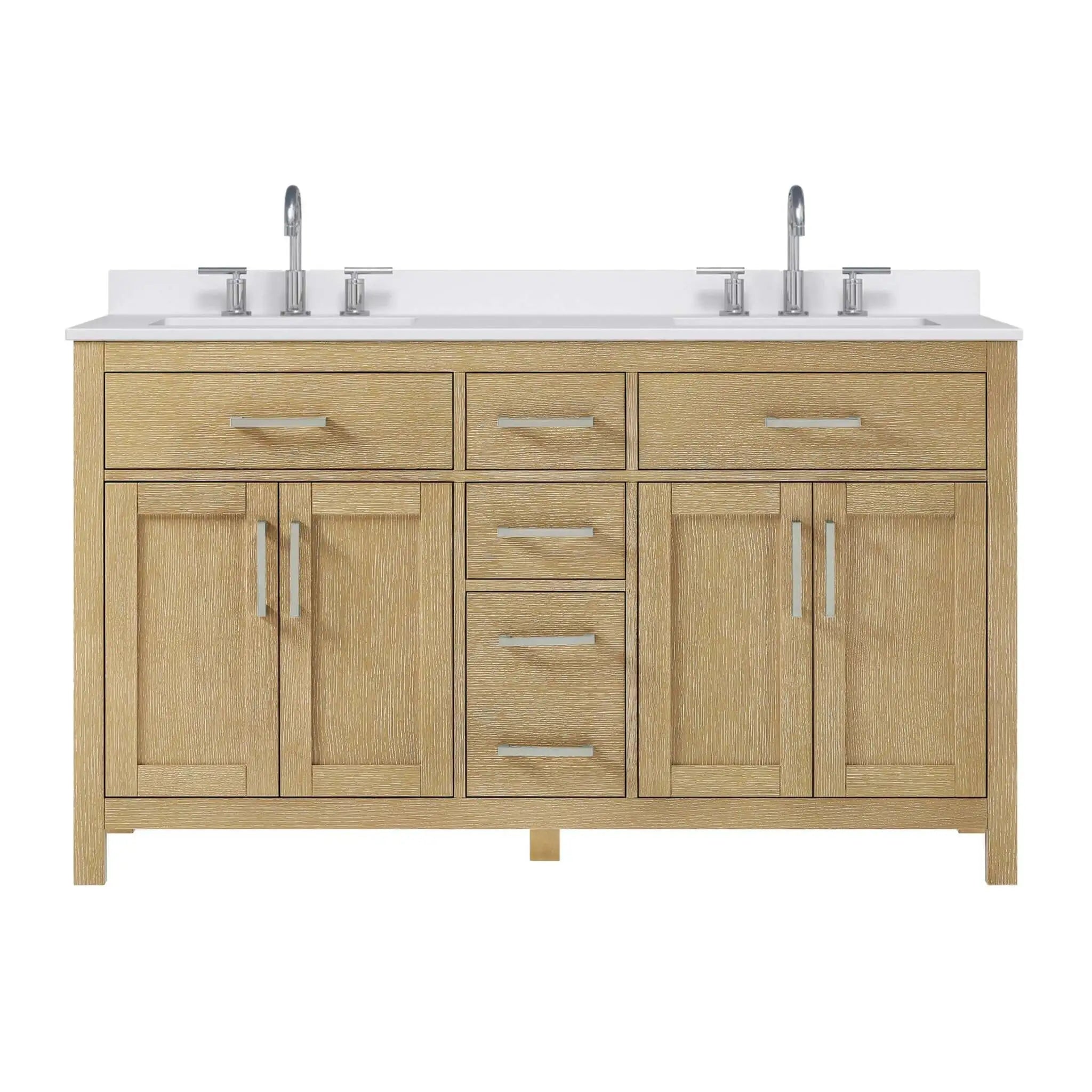 60" Beckett Double Bathroom Vanity in Whitewashed Oak with Brushed Nickel Trim by Wyndham