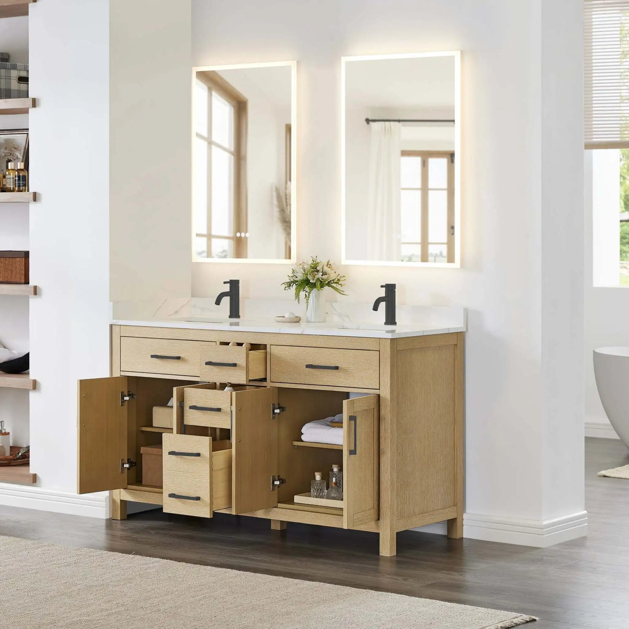 60" Beckett Double Bathroom Vanity in Whitewashed Oak with Matte Black Trim by Wyndham
