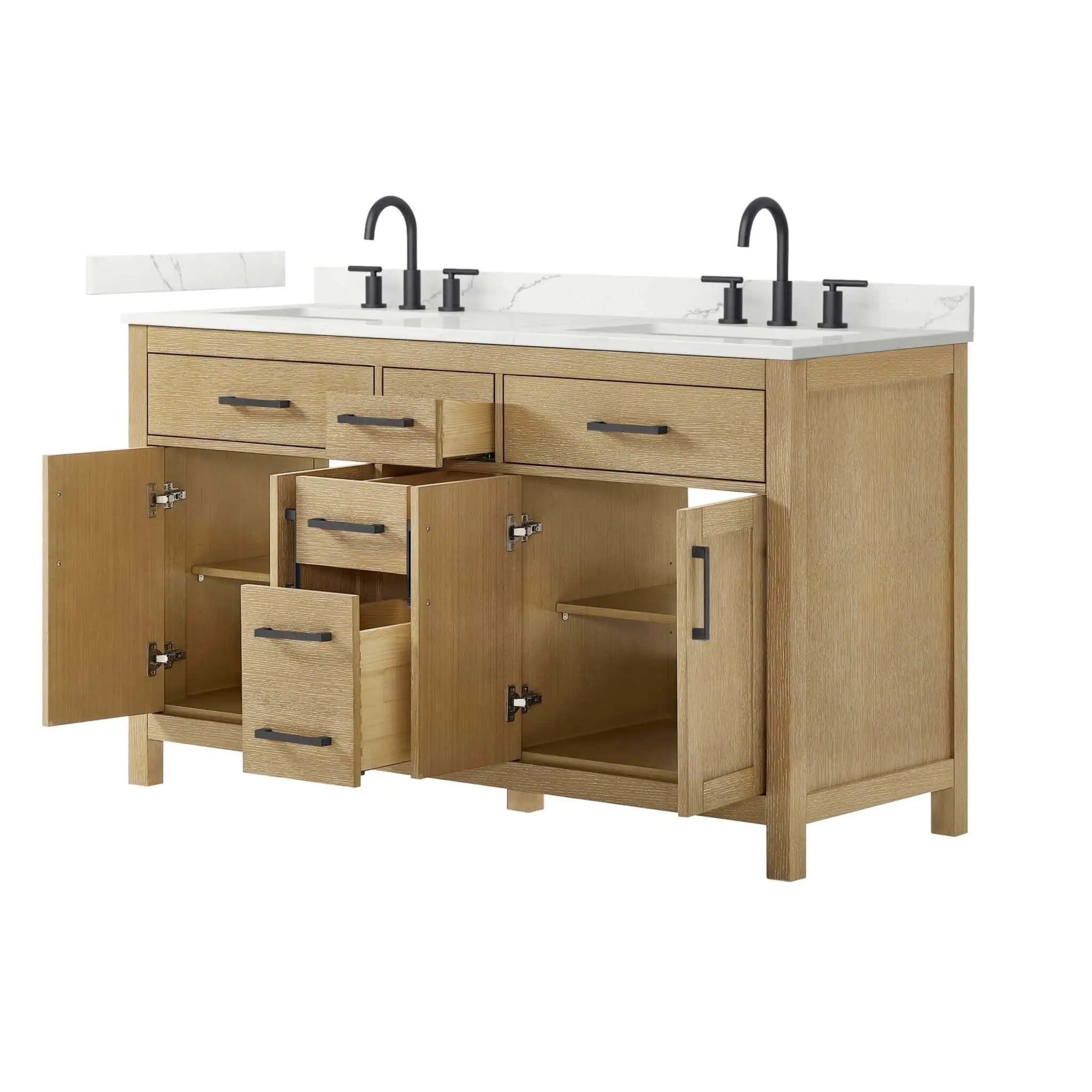 60" Beckett Double Bathroom Vanity in Whitewashed Oak with Matte Black Trim by Wyndham