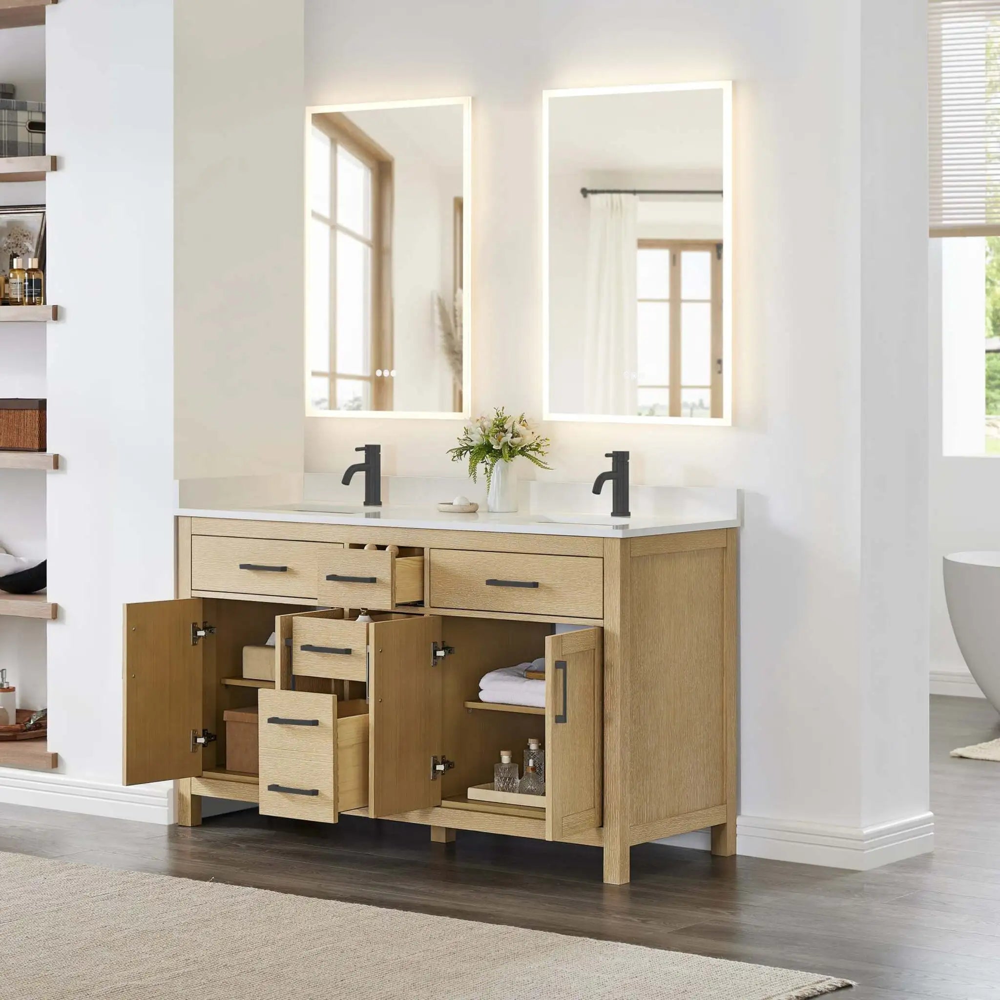 60" Beckett Double Bathroom Vanity in Whitewashed Oak with Matte Black Trim by Wyndham