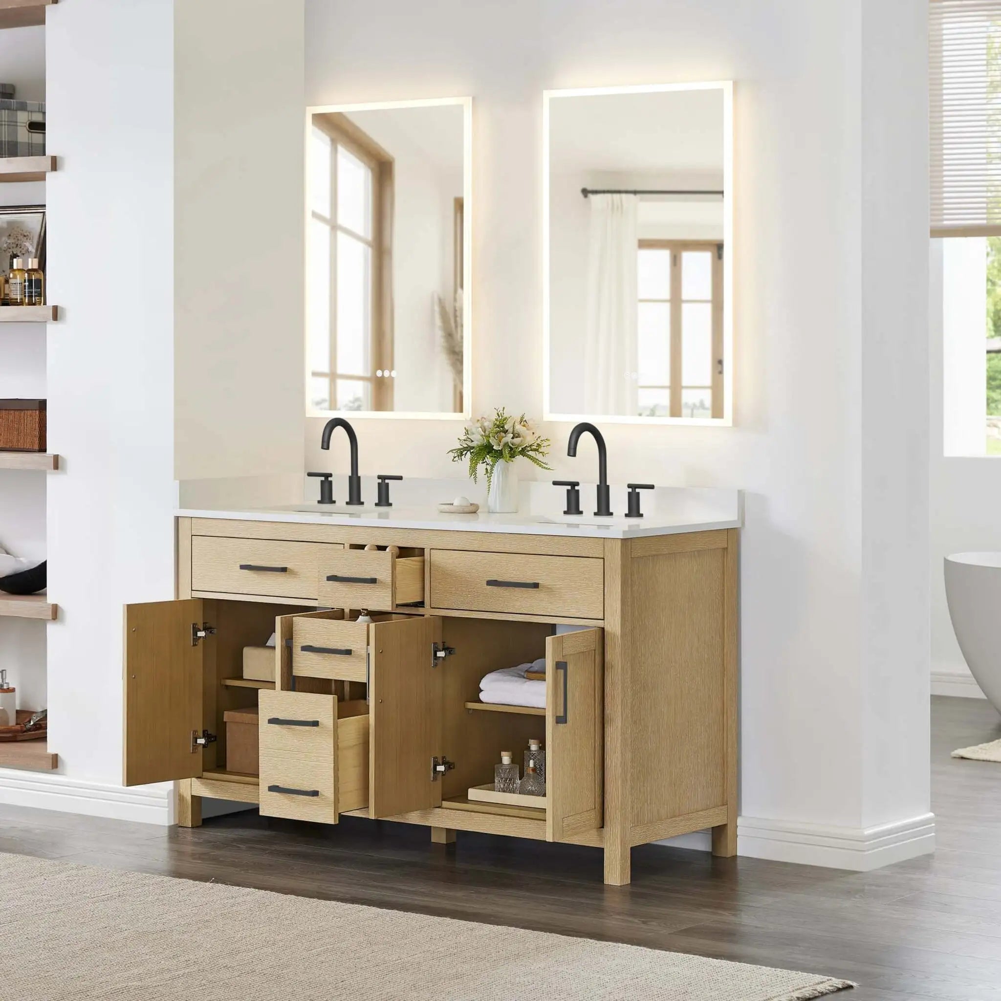 60" Beckett Double Bathroom Vanity in Whitewashed Oak with Matte Black Trim by Wyndham
