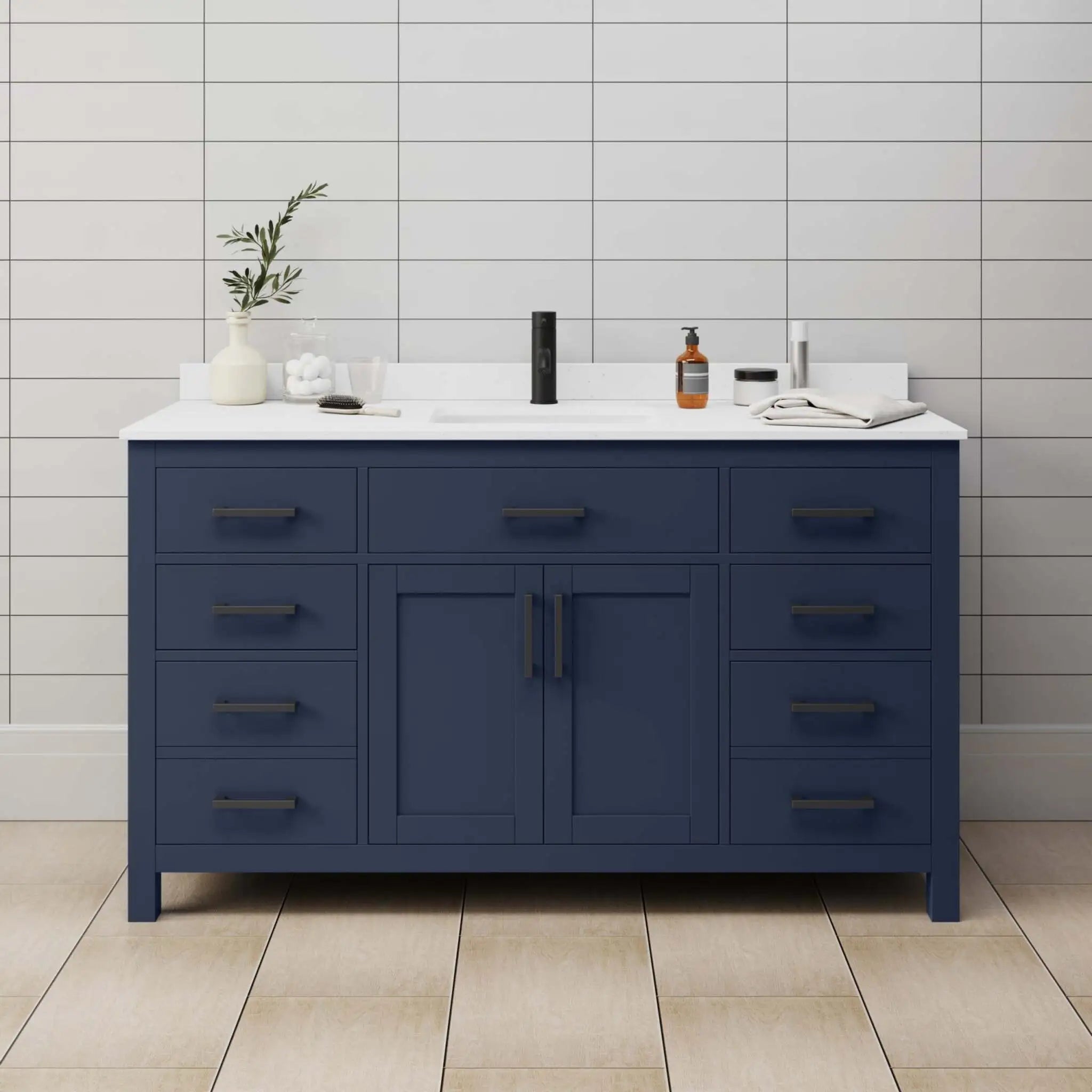60" Beckett Single Bathroom Vanity in Dark Blue with Matte Black Trim by Wyndham