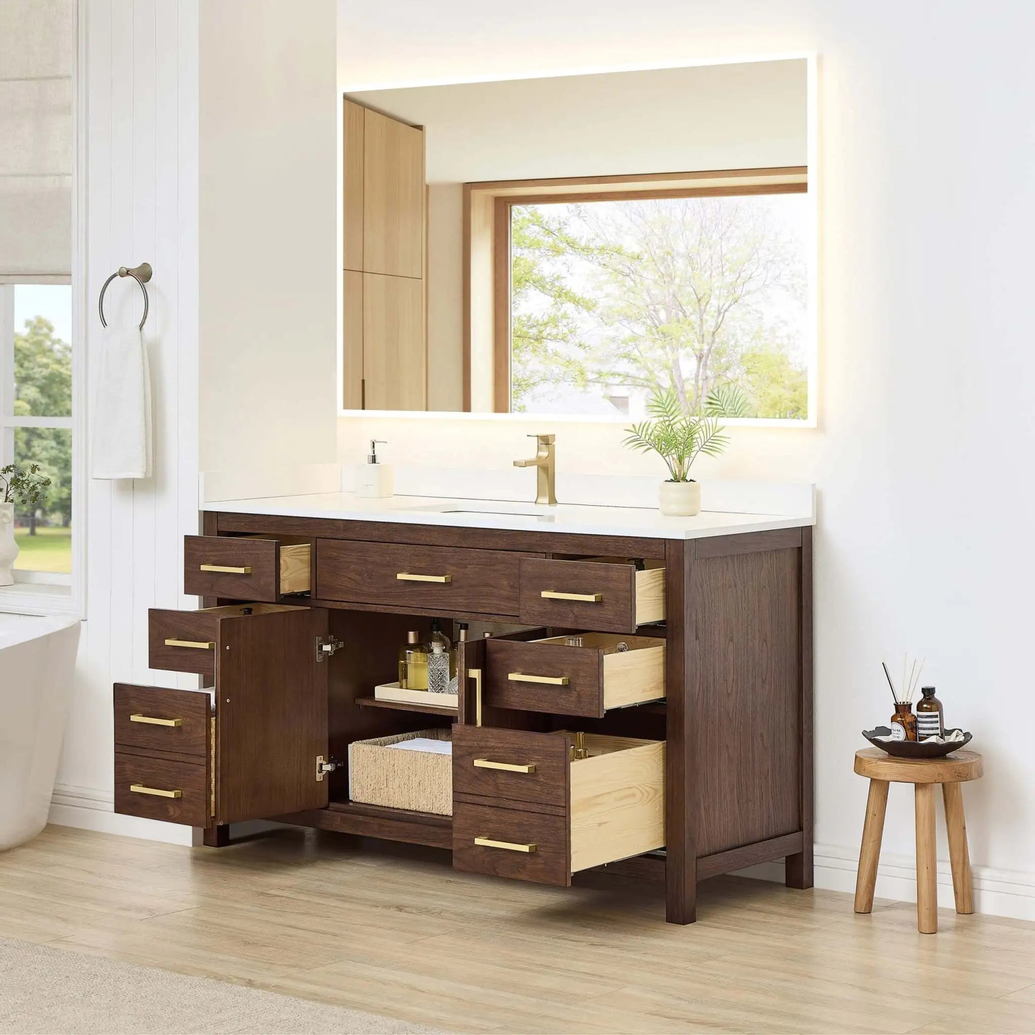 60" Beckett Single Bathroom Vanity in Dark Walnut with Brushed Gold Trim by Wyndham