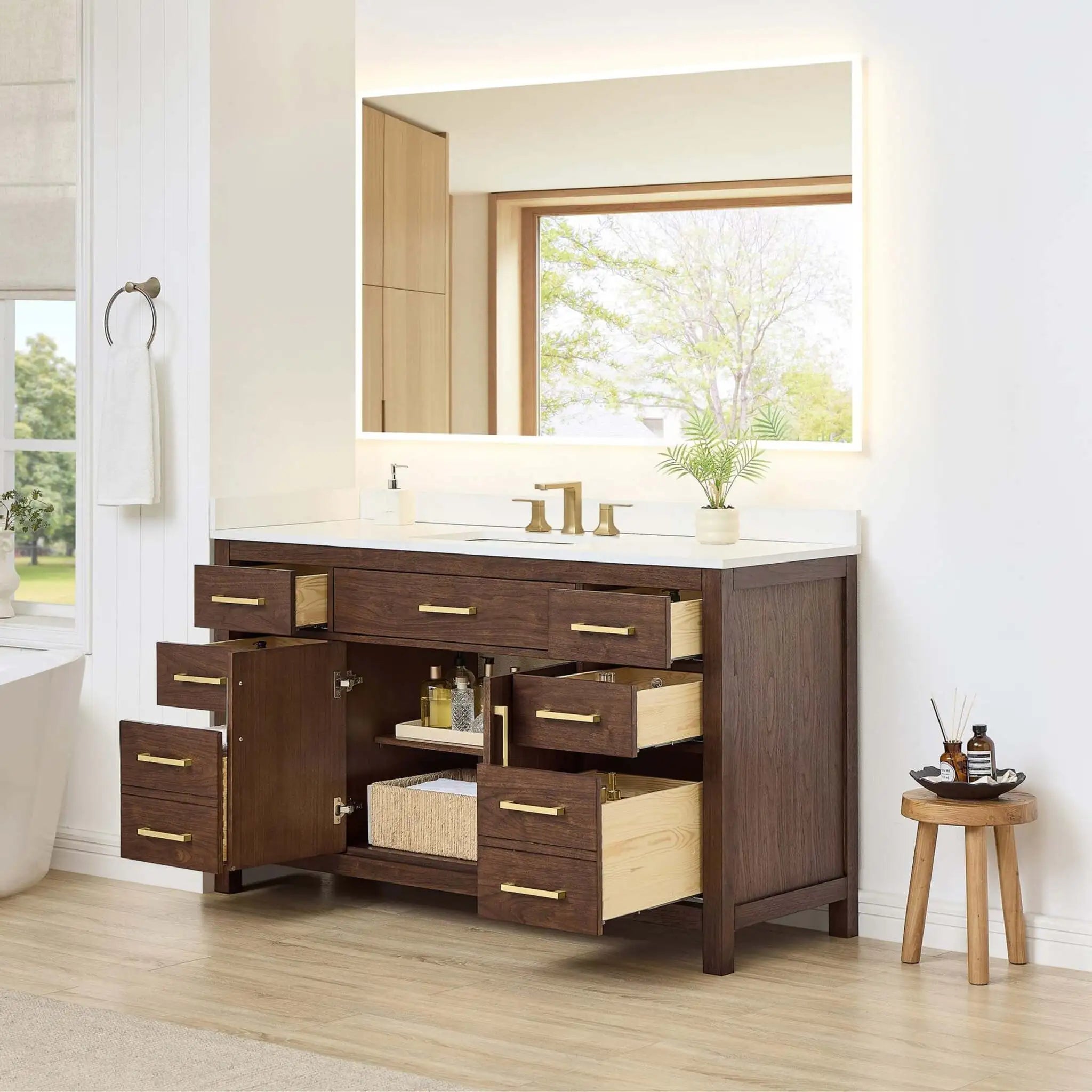 60" Beckett Single Bathroom Vanity in Dark Walnut with Brushed Gold Trim by Wyndham