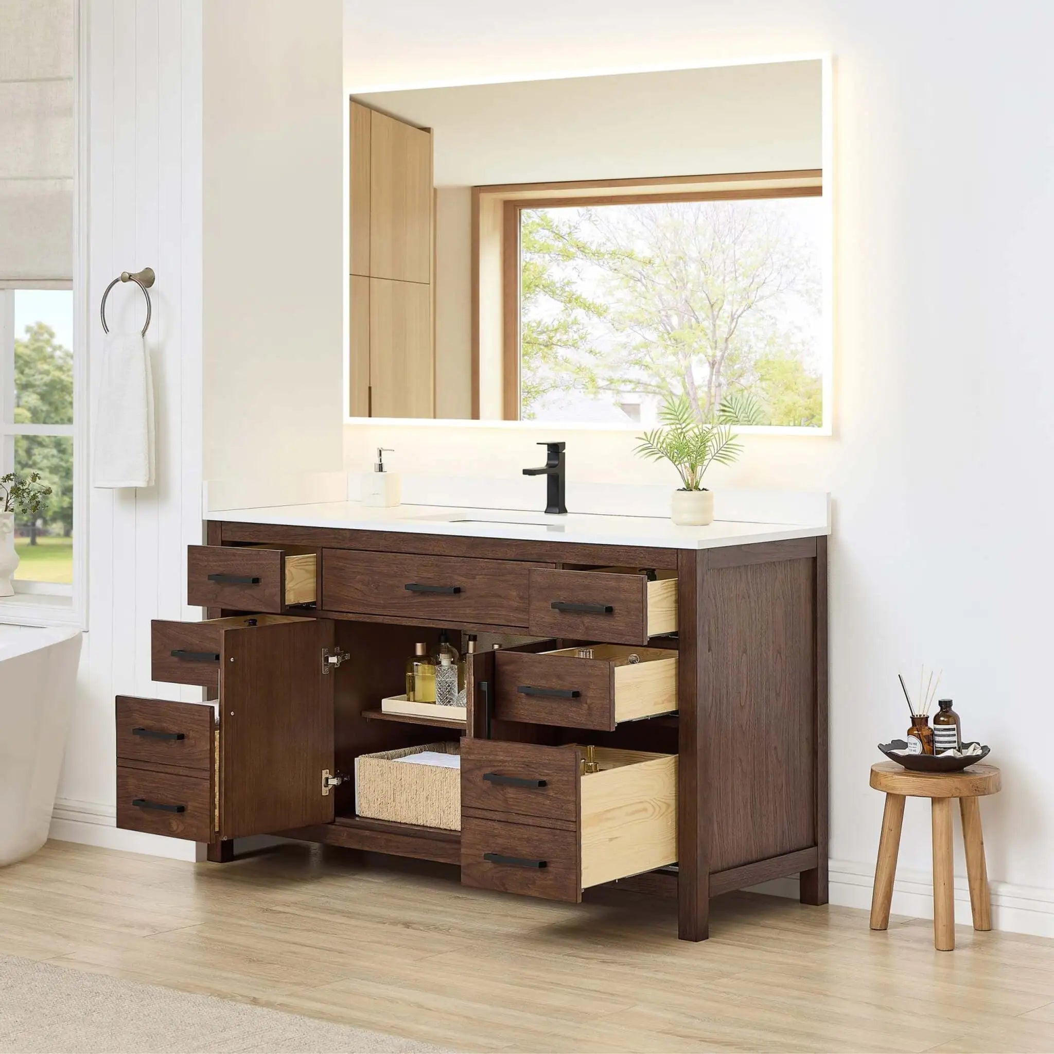 60" Beckett Single Bathroom Vanity in Dark Walnut with Matte Black Trim by Wyndham