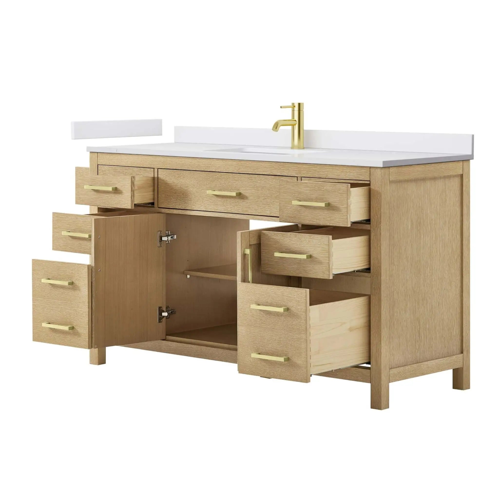 60" Beckett Single Bathroom Vanity in Whitewashed Oak with Brushed Gold Trim by Wyndham