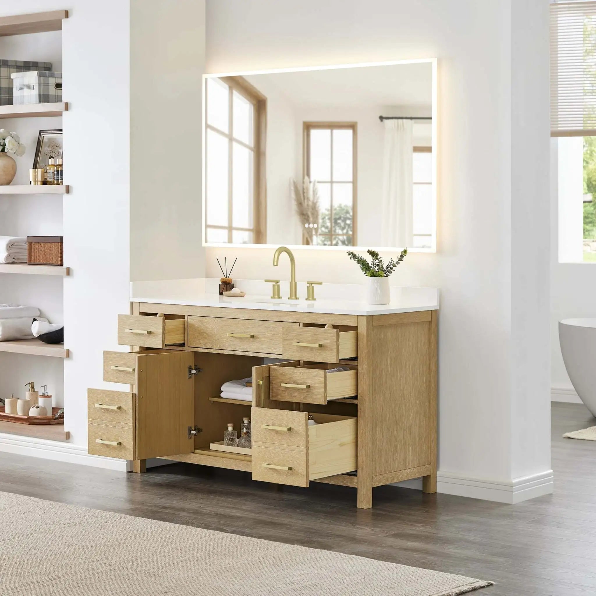 60" Beckett Single Bathroom Vanity in Whitewashed Oak with Brushed Gold Trim by Wyndham