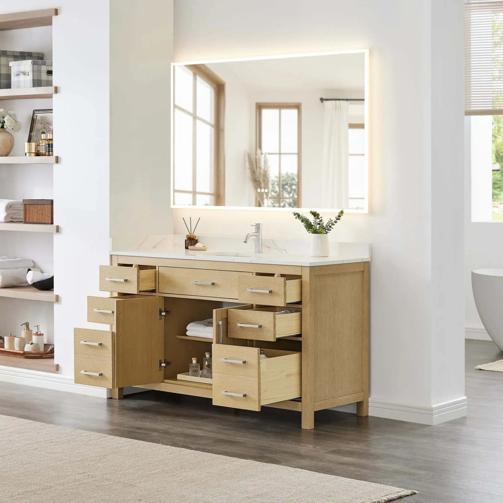 60" Beckett Single Bathroom Vanity in Whitewashed Oak with Brushed Nickel Trim by Wyndham