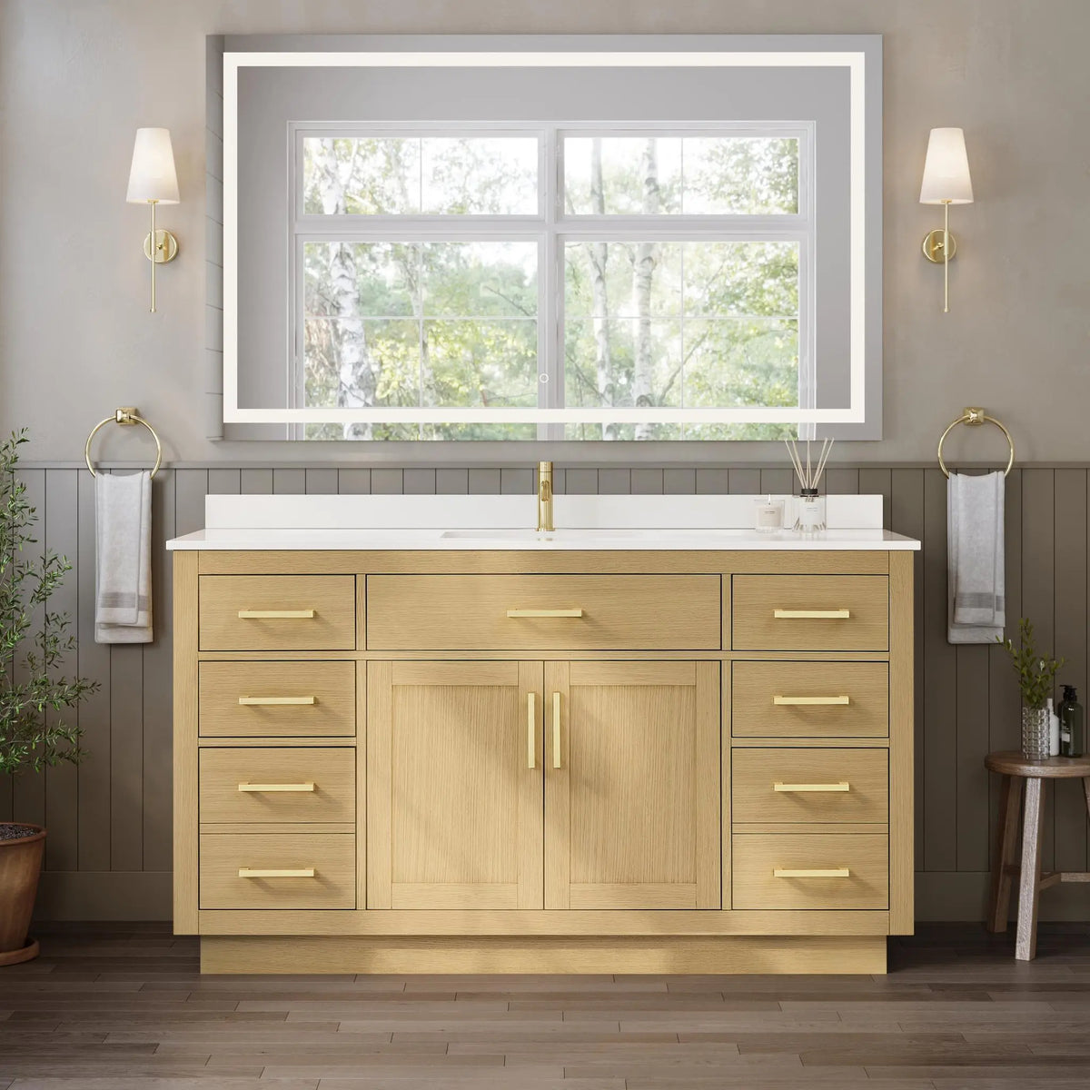 60" Beckett Single Bathroom Vanity with Toe Kick Rift Oak Brushed Gold Trim by wyndham View 9