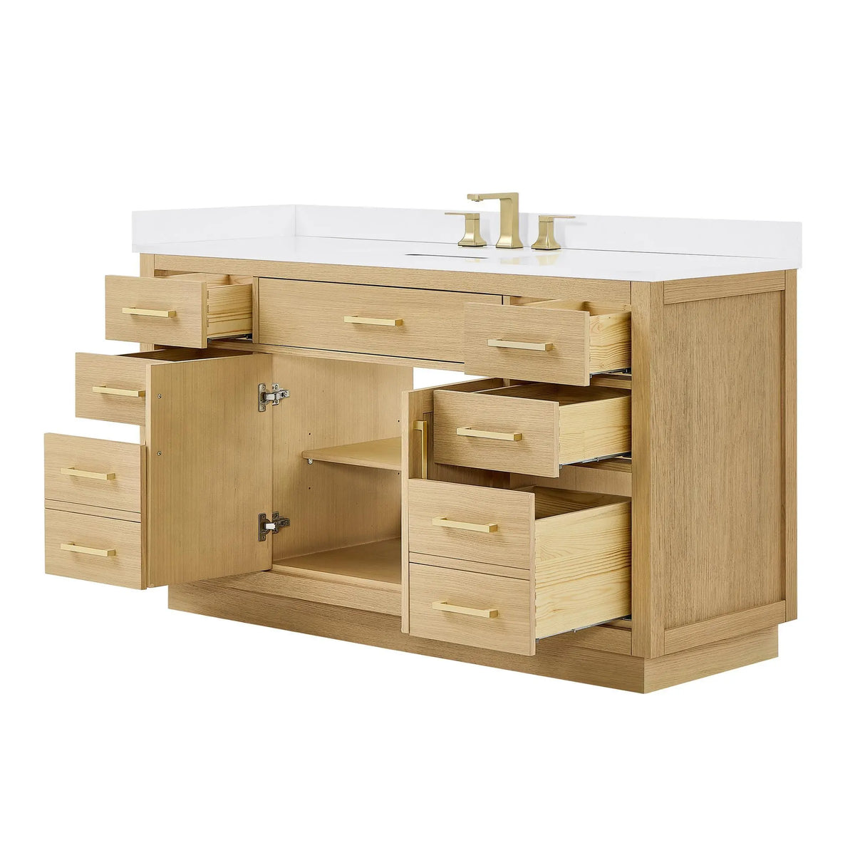 60" Beckett Single Bathroom Vanity with Toe Kick Rift Oak Brushed Gold Trim by wyndham View 18