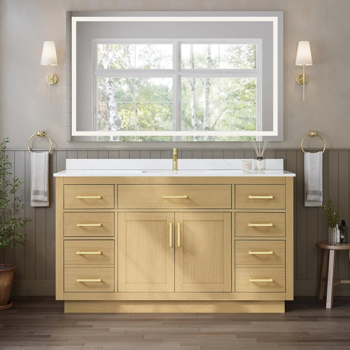 60" Beckett Single Bathroom Vanity with Toe Kick Rift Oak Brushed Gold Trim by wyndham View 24