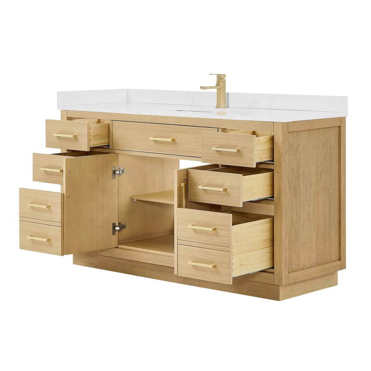 60" Beckett Single Bathroom Vanity with Toe Kick Rift Oak Brushed Gold Trim by wyndham View 23