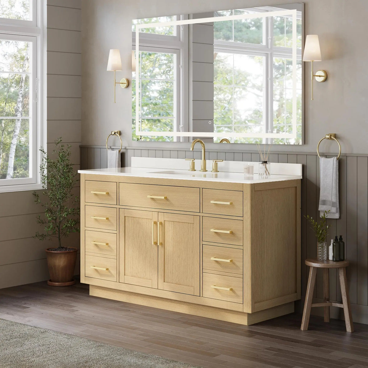 60" Beckett Single Bathroom Vanity with Toe Kick Rift Oak Brushed Gold Trim by wyndham View 37
