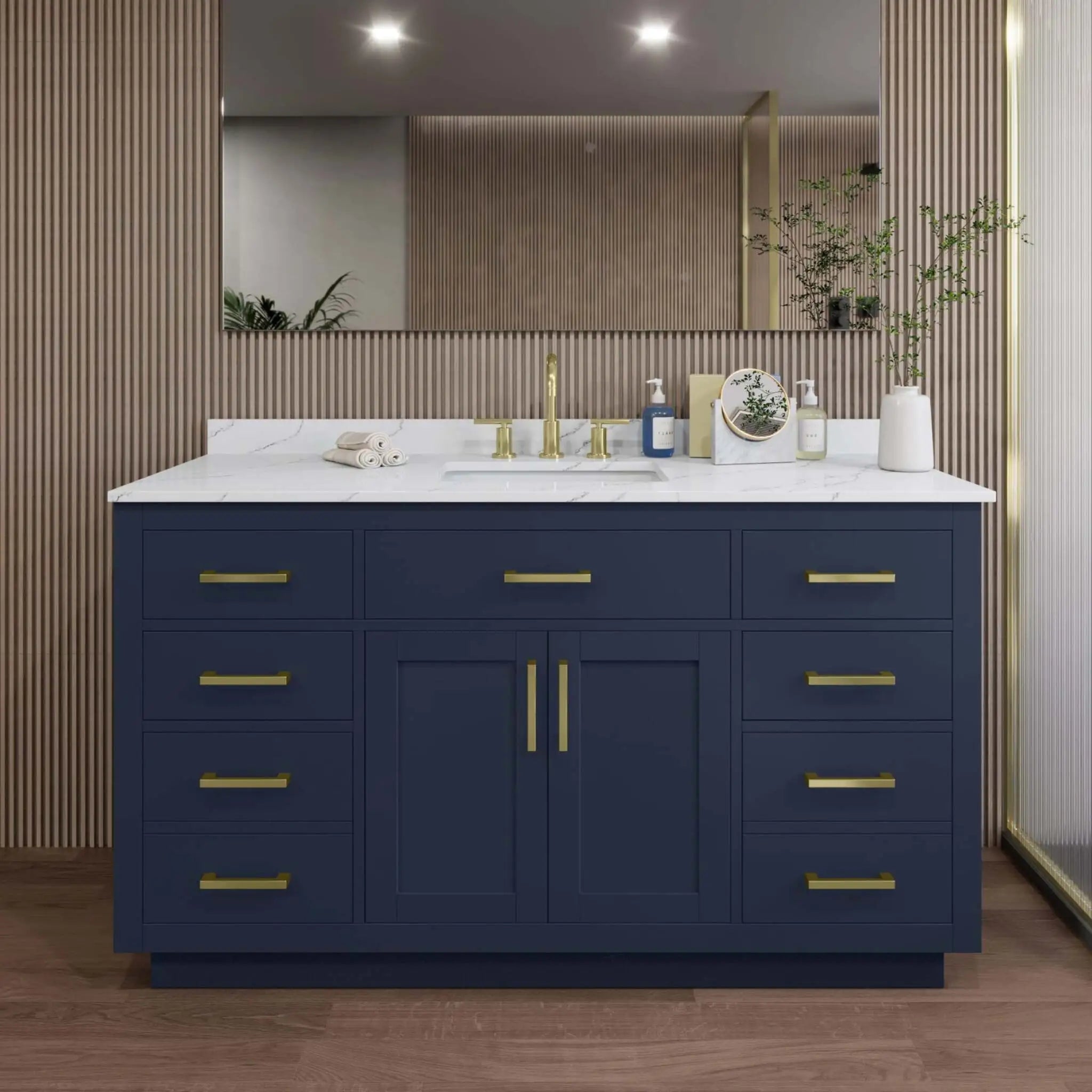 60" Beckett TK Beckett Single Bathroom Vanity with Toe Kick in Dark Blue with Brushed Gold Trim by Wyndham