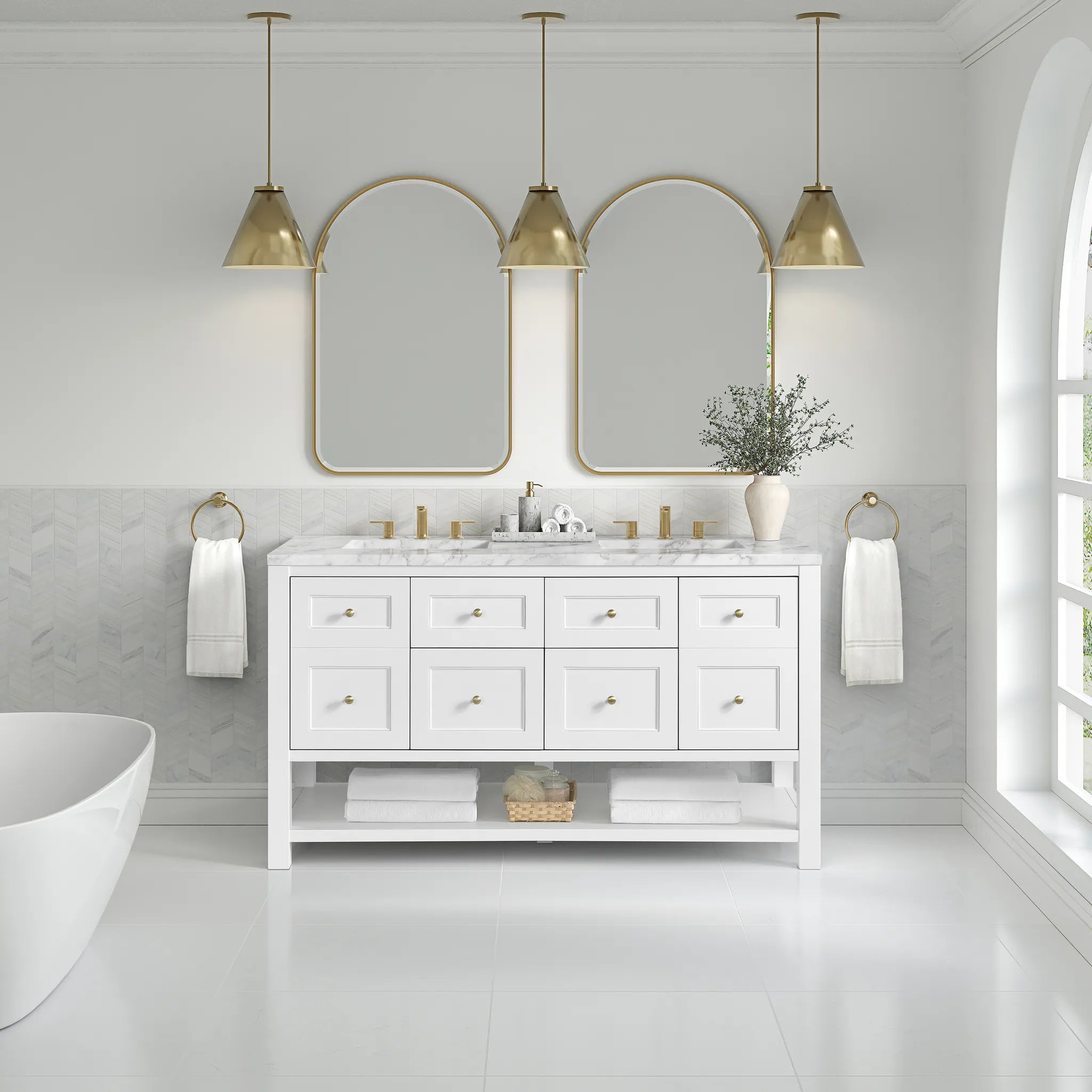 60" Breckenridge Double Vanity in Bright White-Carrara White Marble-8" Widespread image 1
