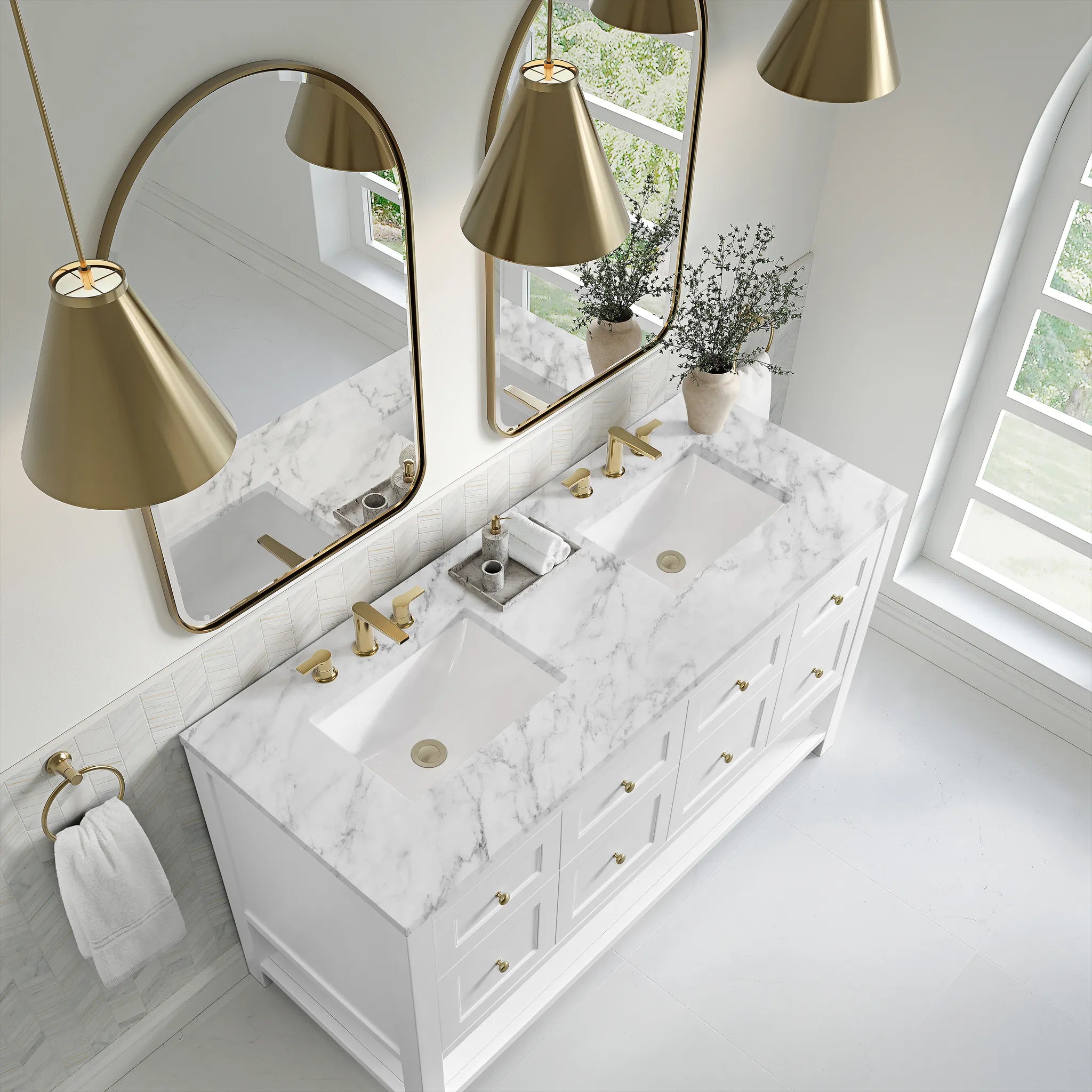 60" Breckenridge Double Vanity in Bright White-Carrara White Marble-8" Widespread image 5
