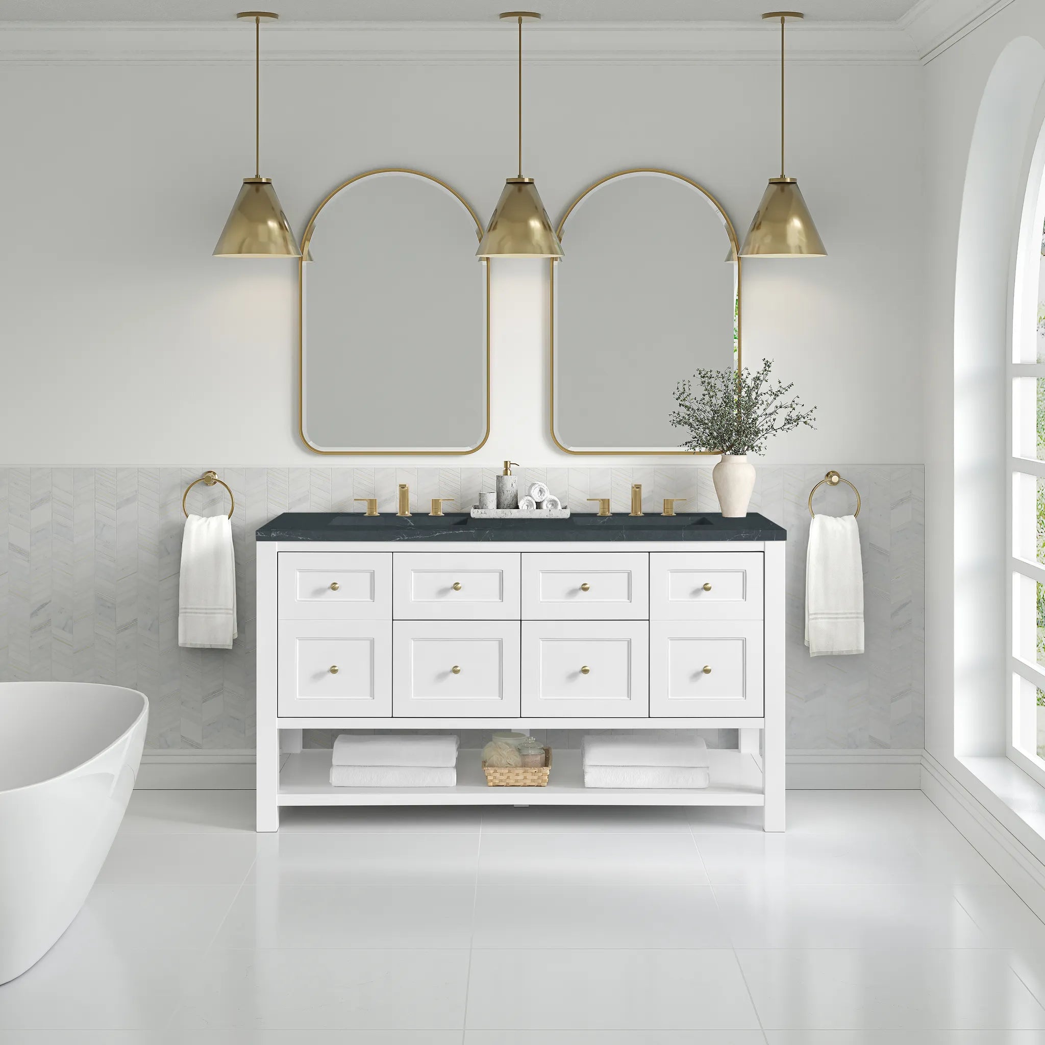 60" Breckenridge Double Vanity in Bright White-Charcoal Soapstone Silestone-8" Widespread image 1