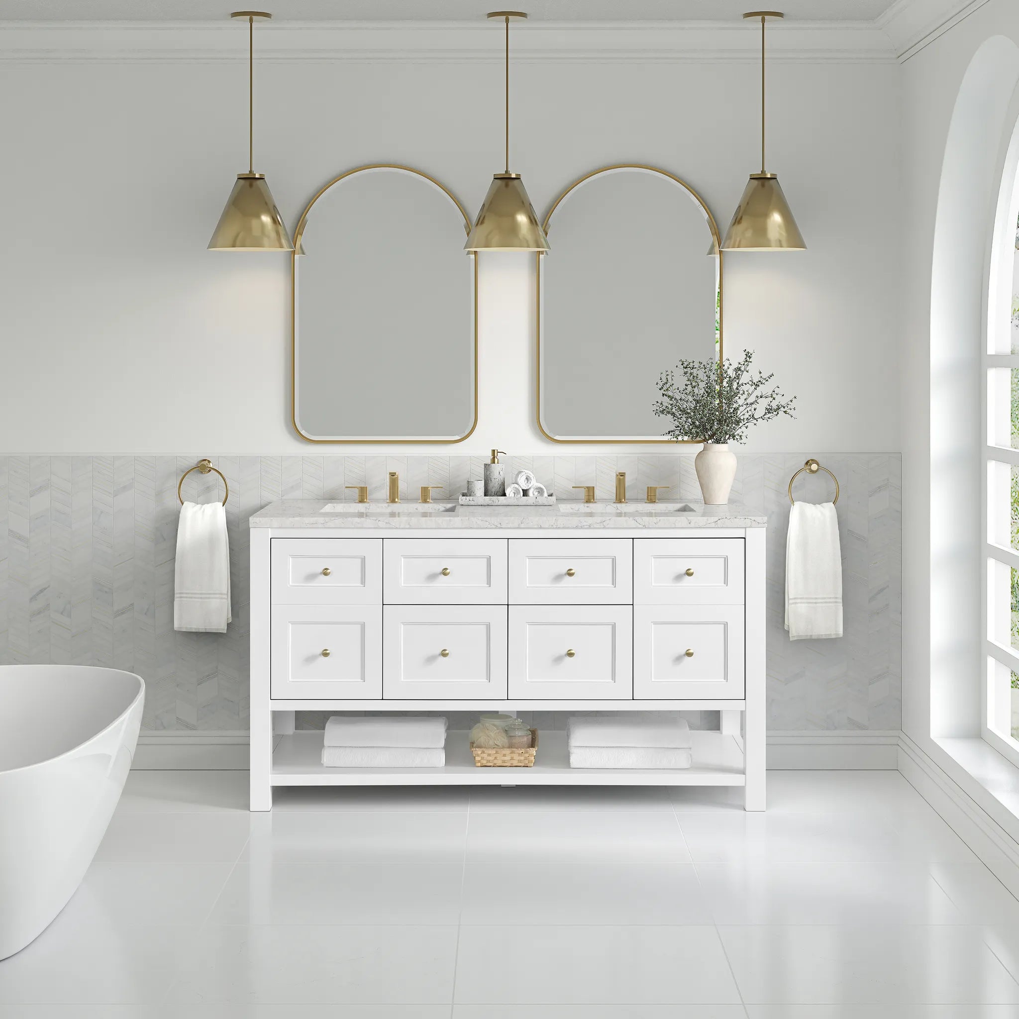 60" Breckenridge Double Vanity in Bright White-Eternal Jasmine Pearl Silestone-8" Widespread image 1