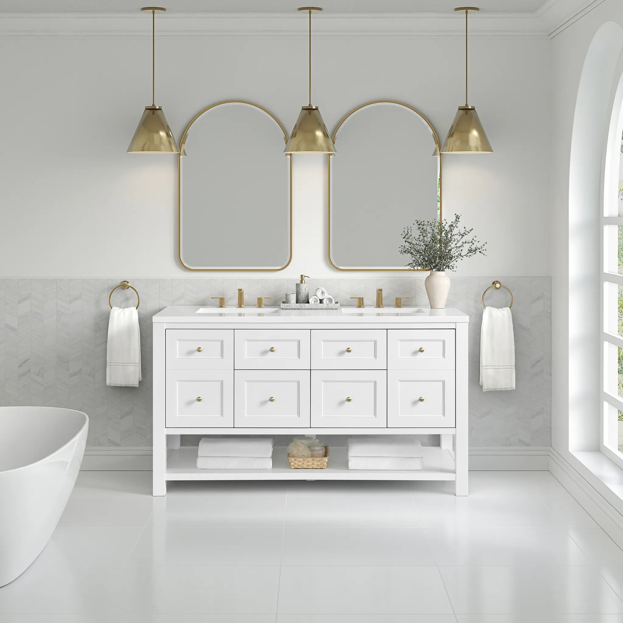 60" Breckenridge Double Vanity in Bright White-White Zeus Silestone-8" Widespread image 1