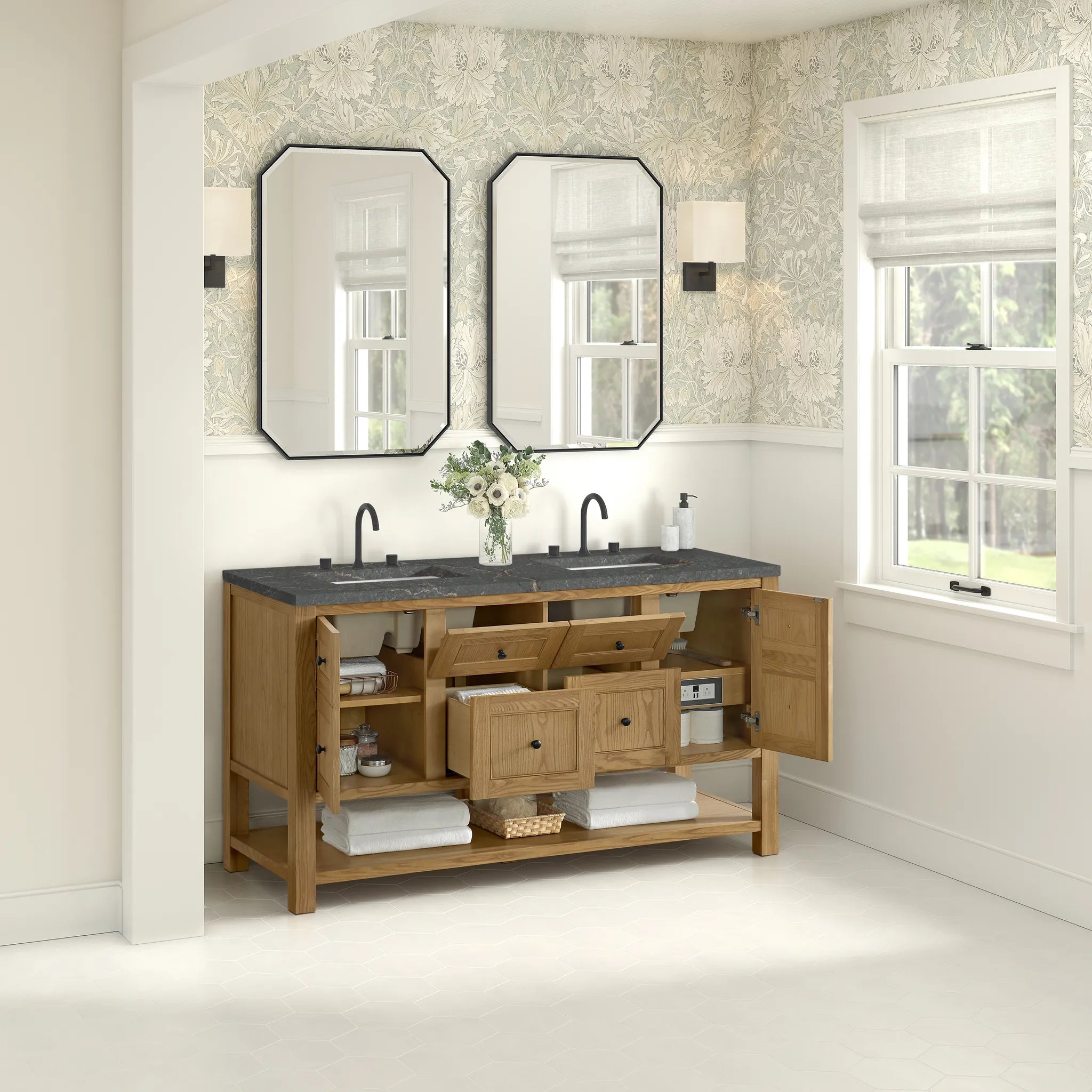 60" Breckenridge Double Vanity in Light Natural Oak-Parisien Bleu Silestone-8" Widespread image 3
