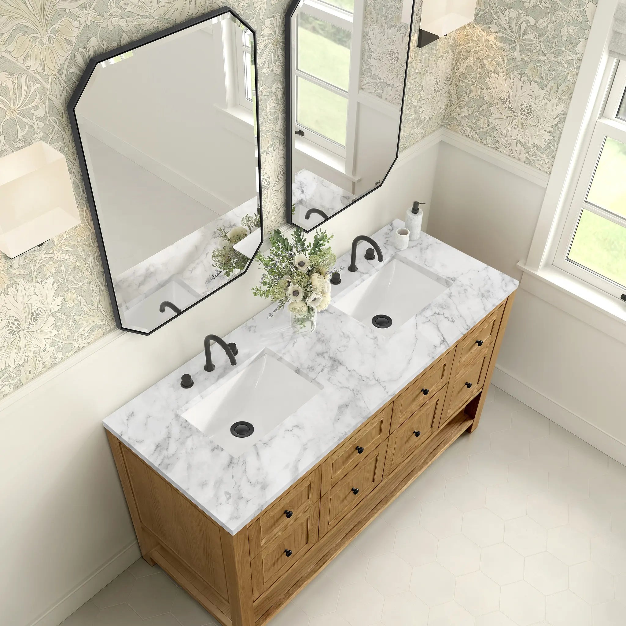 60 Breckenridge Double Vanity In Light Natural Oak Standard Carrara White Marble 8 Widespread 7