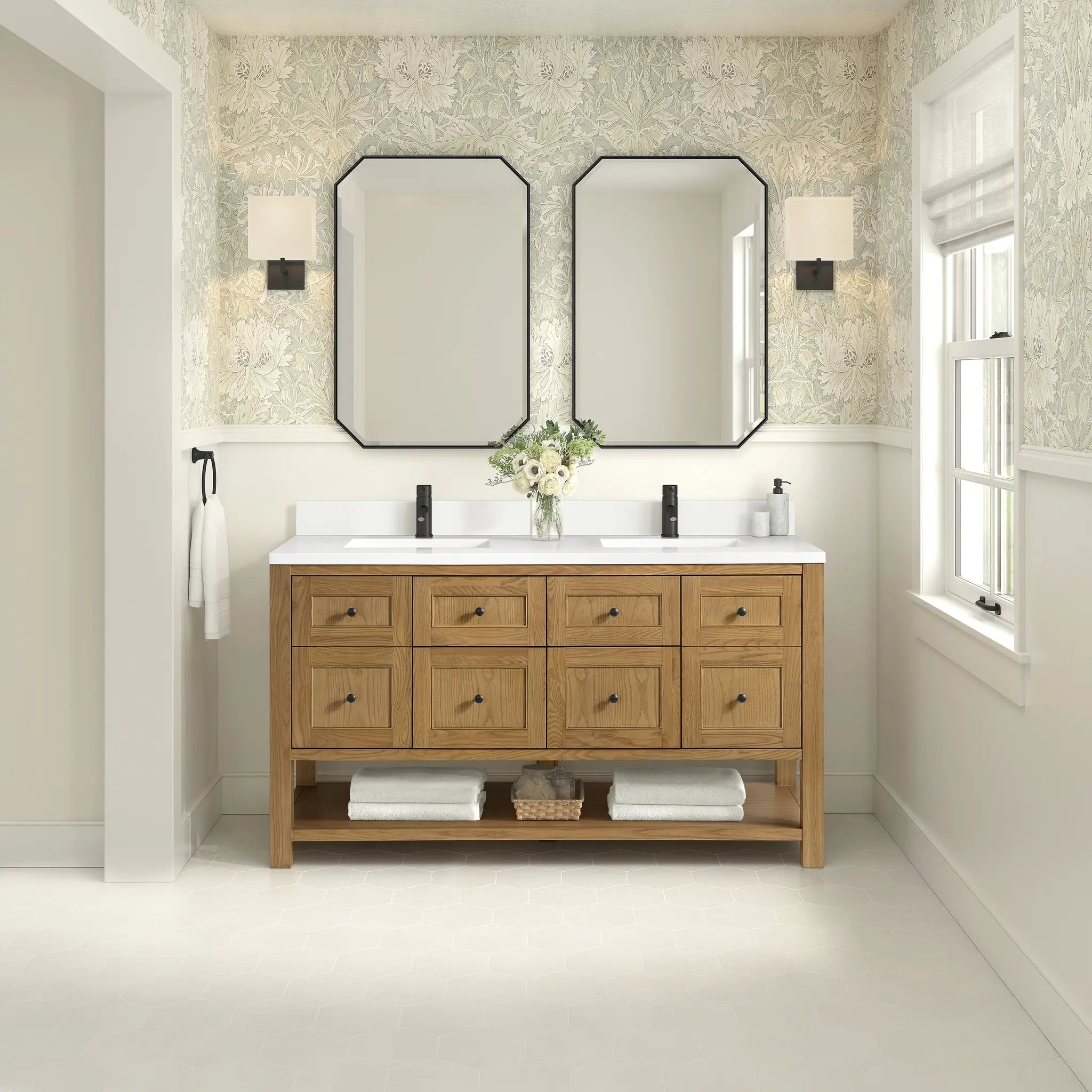 60 Breckenridge Double Vanity In Light Natural Oak Standard White Zeus Silestone Backsplash Single Hole 3