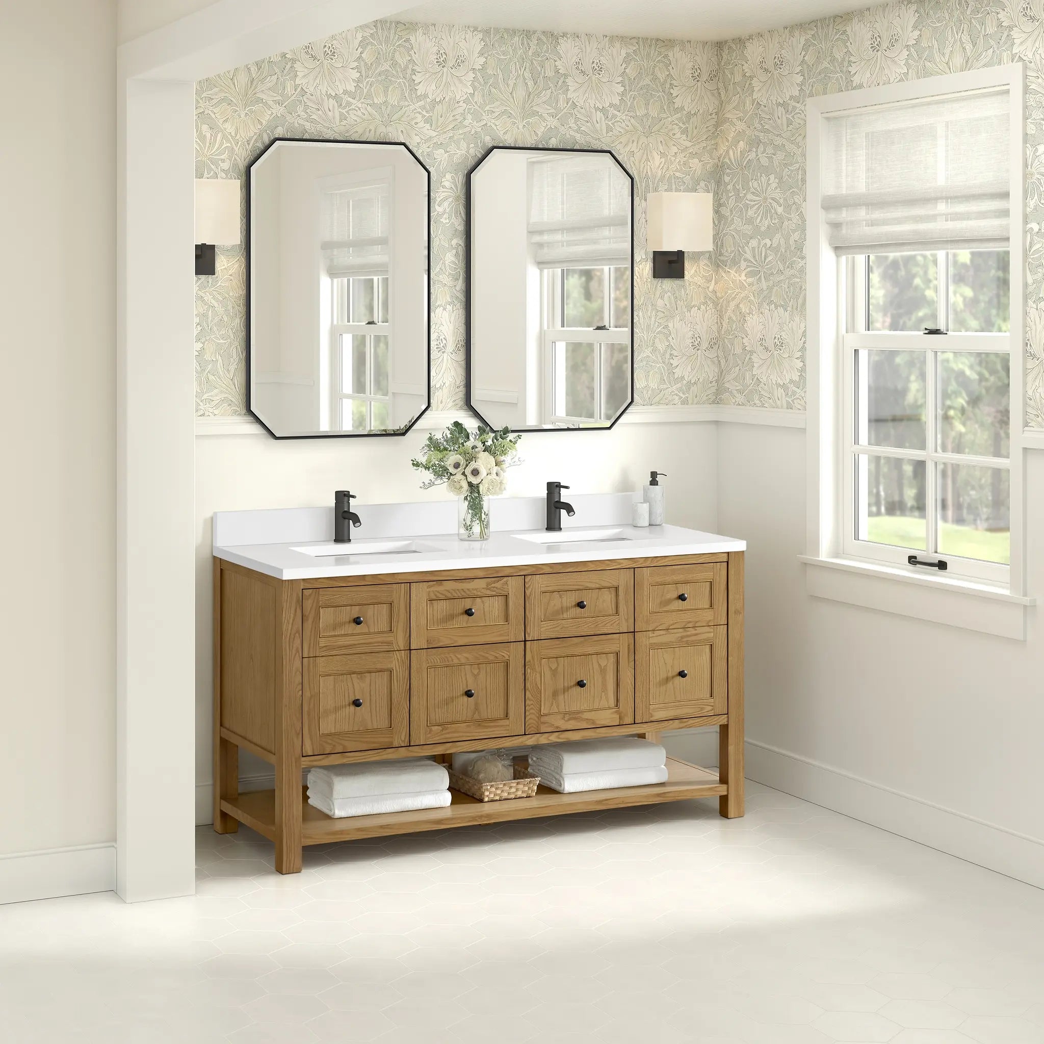 60 Breckenridge Double Vanity In Light Natural Oak Standard White Zeus Silestone Backsplash Single Hole 4