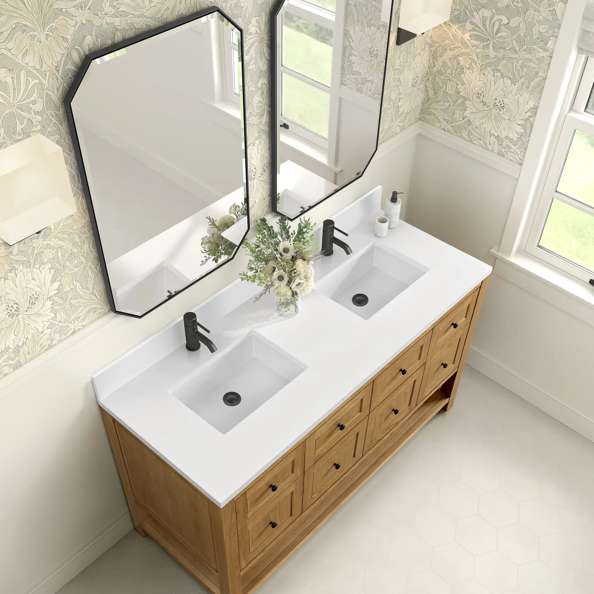 60 Breckenridge Double Vanity In Light Natural Oak Standard White Zeus Silestone Backsplash Single Hole 7