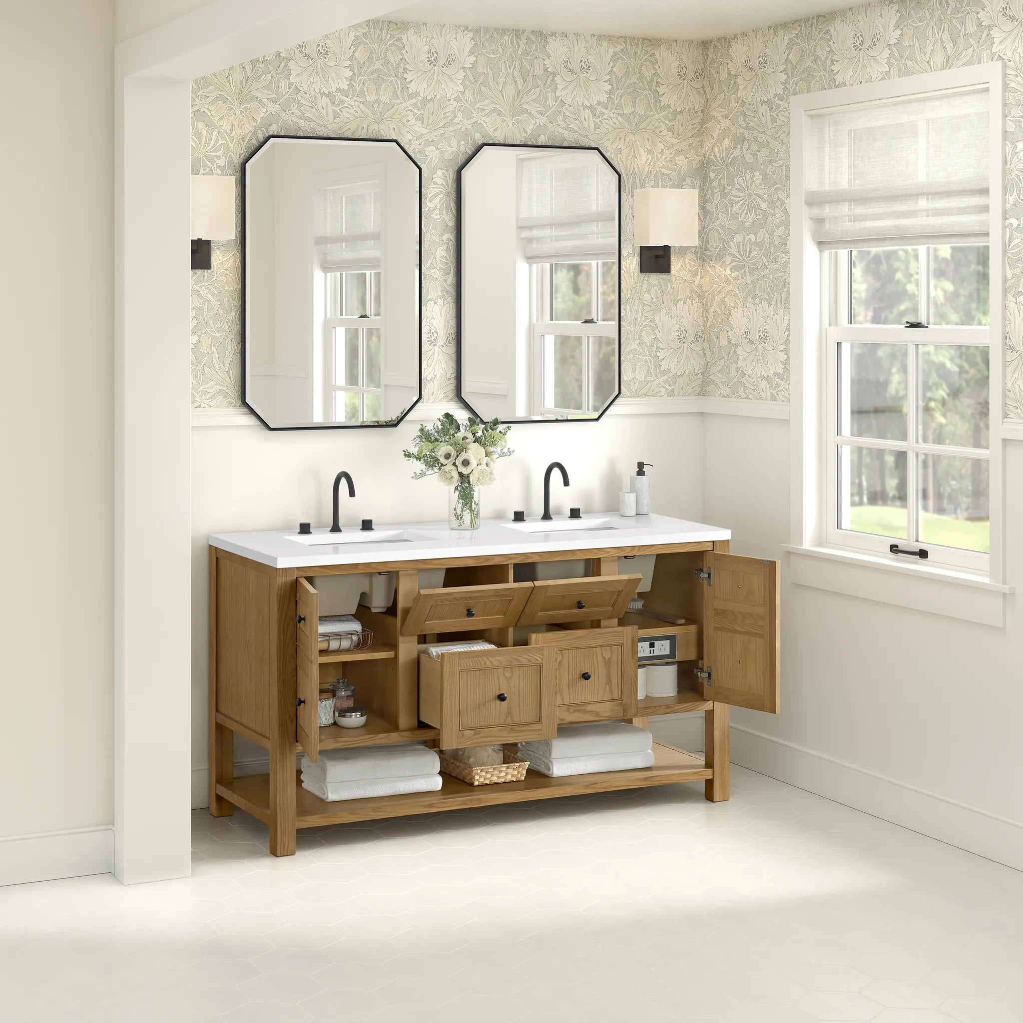 60" Breckenridge Double Vanity in Light Natural Oak-White Zeus Silestone-8" Widespread image 3