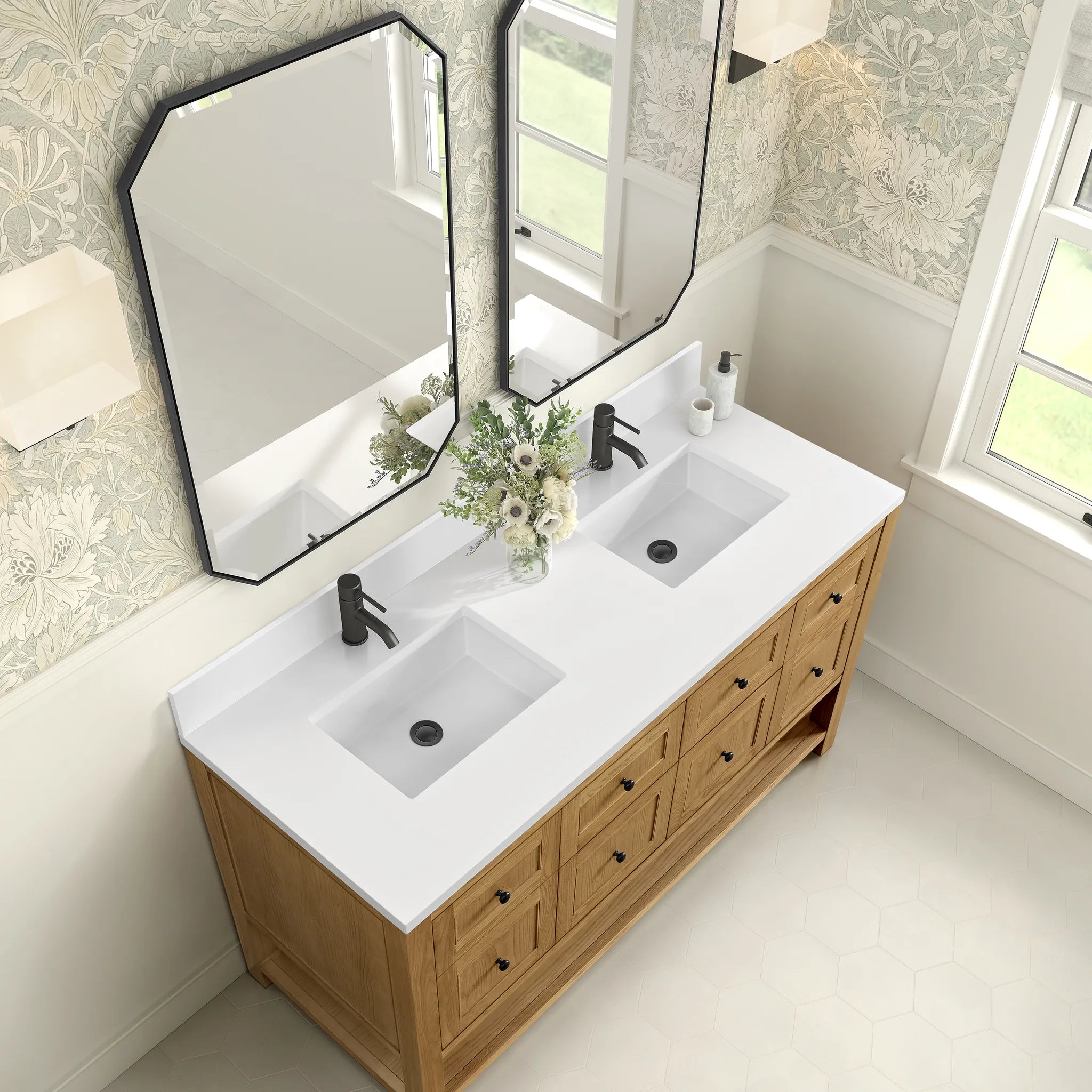 60" Breckenridge Double Vanity in Light Natural Oak-White Zeus Silestone & Backsplash-Single Hole image 5