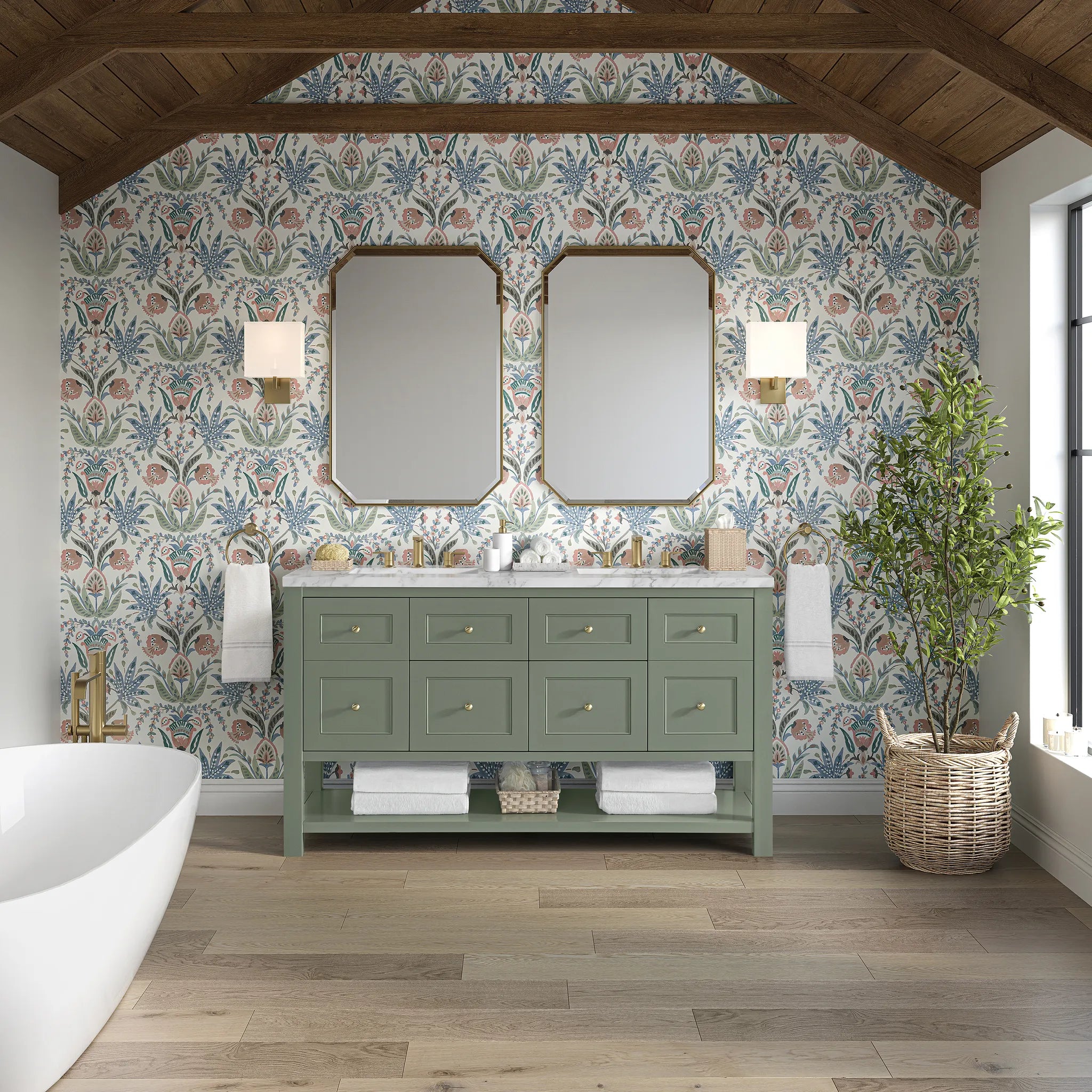 60" Breckenridge Double Vanity in Smokey Celadon-Carrara White Marble-8" Widespread image 1