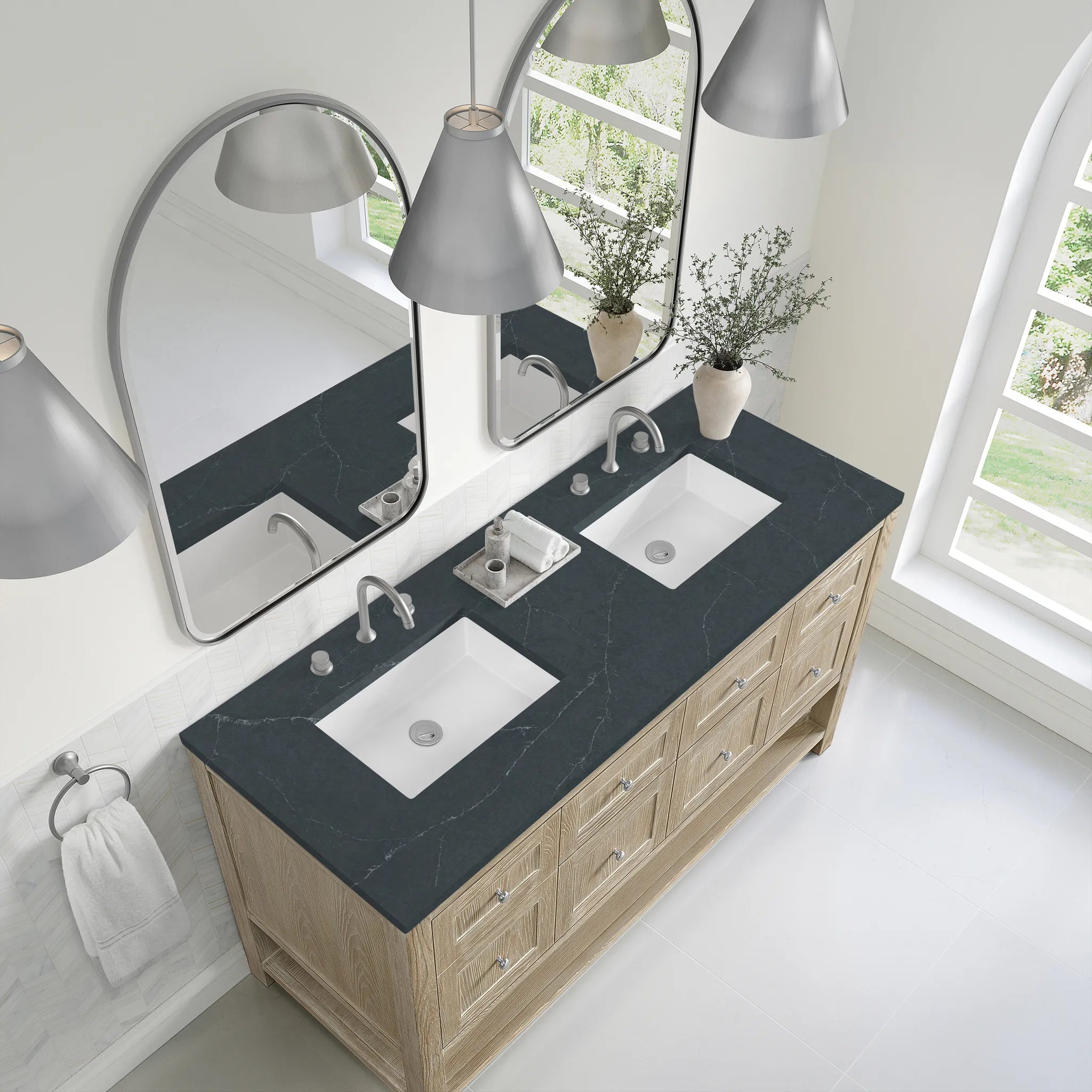 60" Breckenridge Double Vanity in Whitewashed Oak-Charcoal Soapstone Silestone-8" Widespread image 5