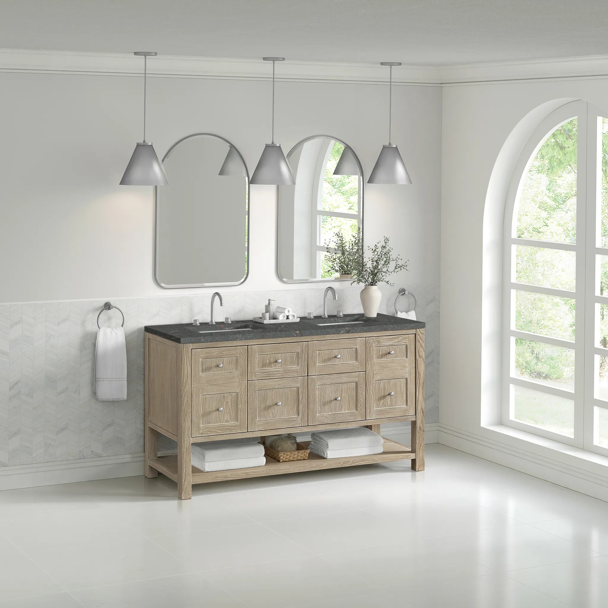 60" Breckenridge Double Vanity in Whitewashed Oak-Parisien Bleu Silestone-8" Widespread image 2